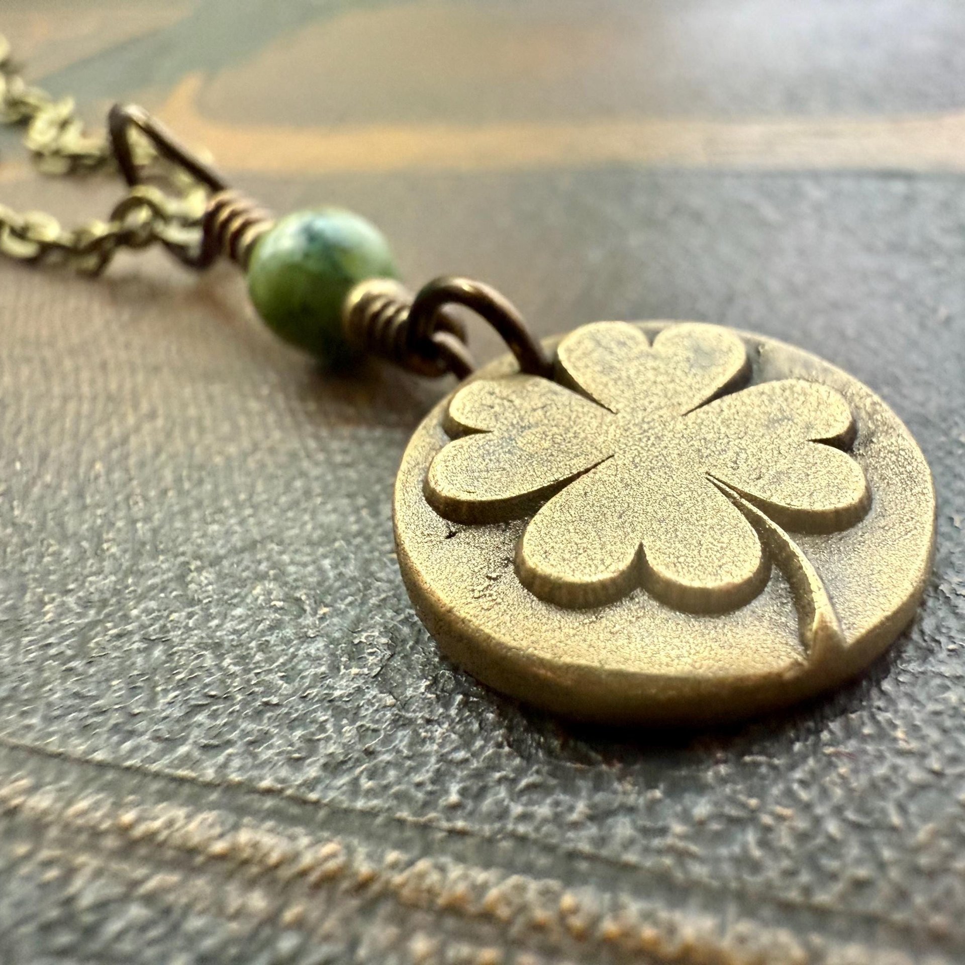 Four Leaf Clover, Bronze Necklace, Wax Seal Charm, Connemara Marble, Irish Celtic Jewelry, Lucky Charm, Celtic Witch, Irish Shamrock Luck