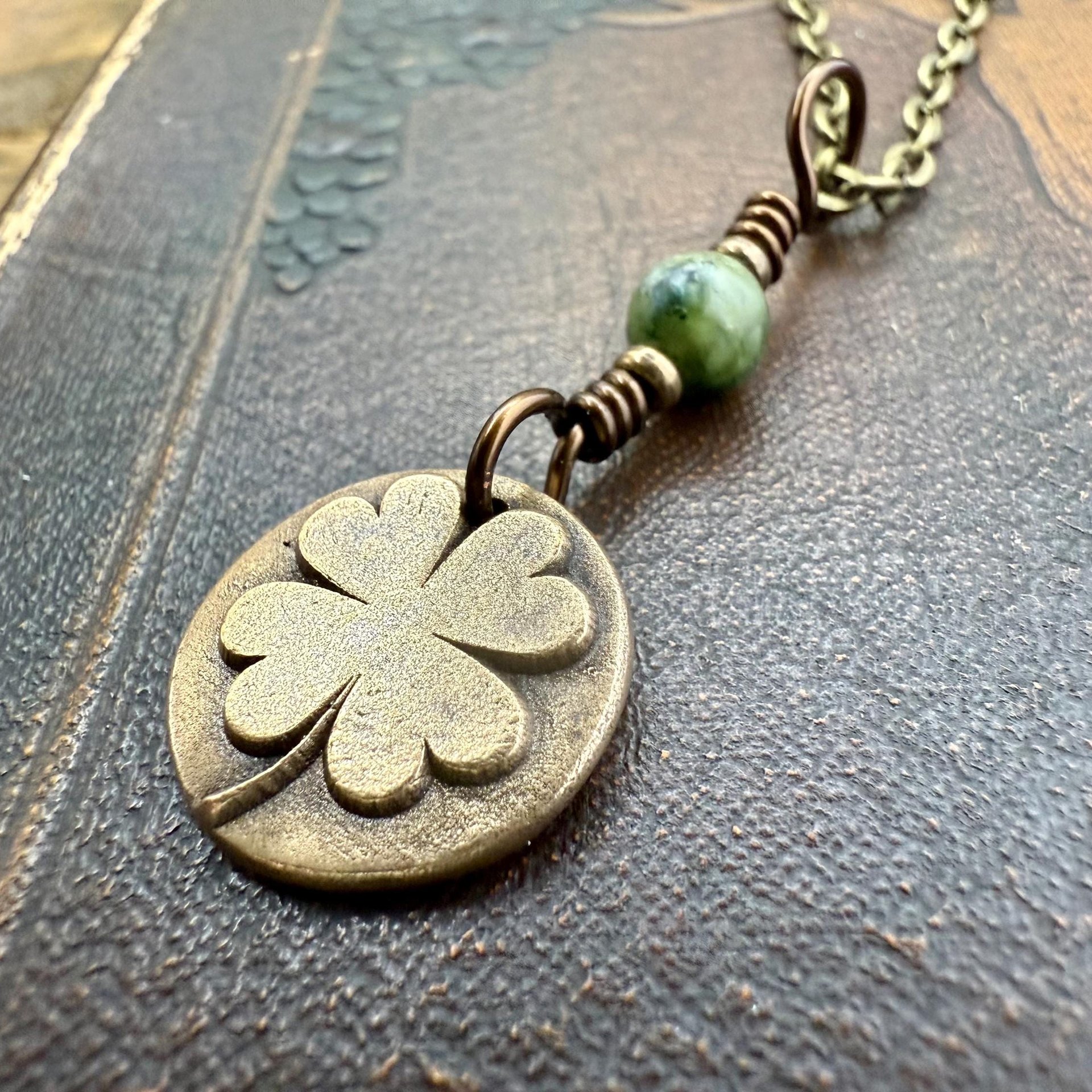 Four Leaf Clover, Bronze Necklace, Wax Seal Charm, Connemara Marble, Irish Celtic Jewelry, Lucky Charm, Celtic Witch, Irish Shamrock Luck