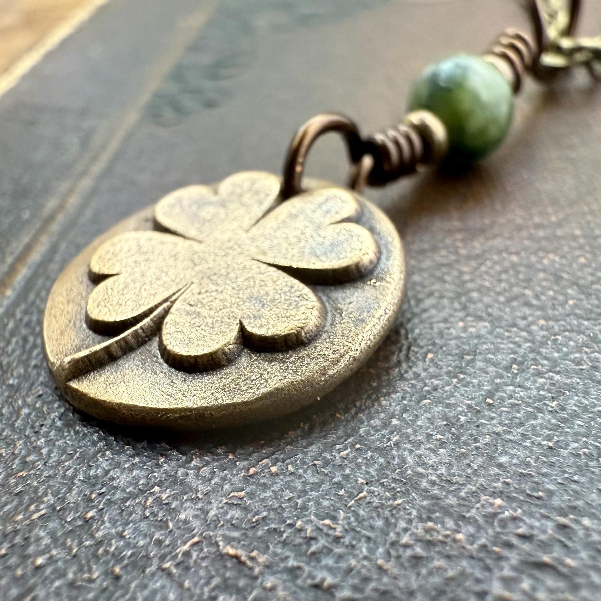 Four Leaf Clover, Bronze Necklace, Wax Seal Charm, Connemara Marble, Irish Celtic Jewelry, Lucky Charm, Celtic Witch, Irish Shamrock Luck