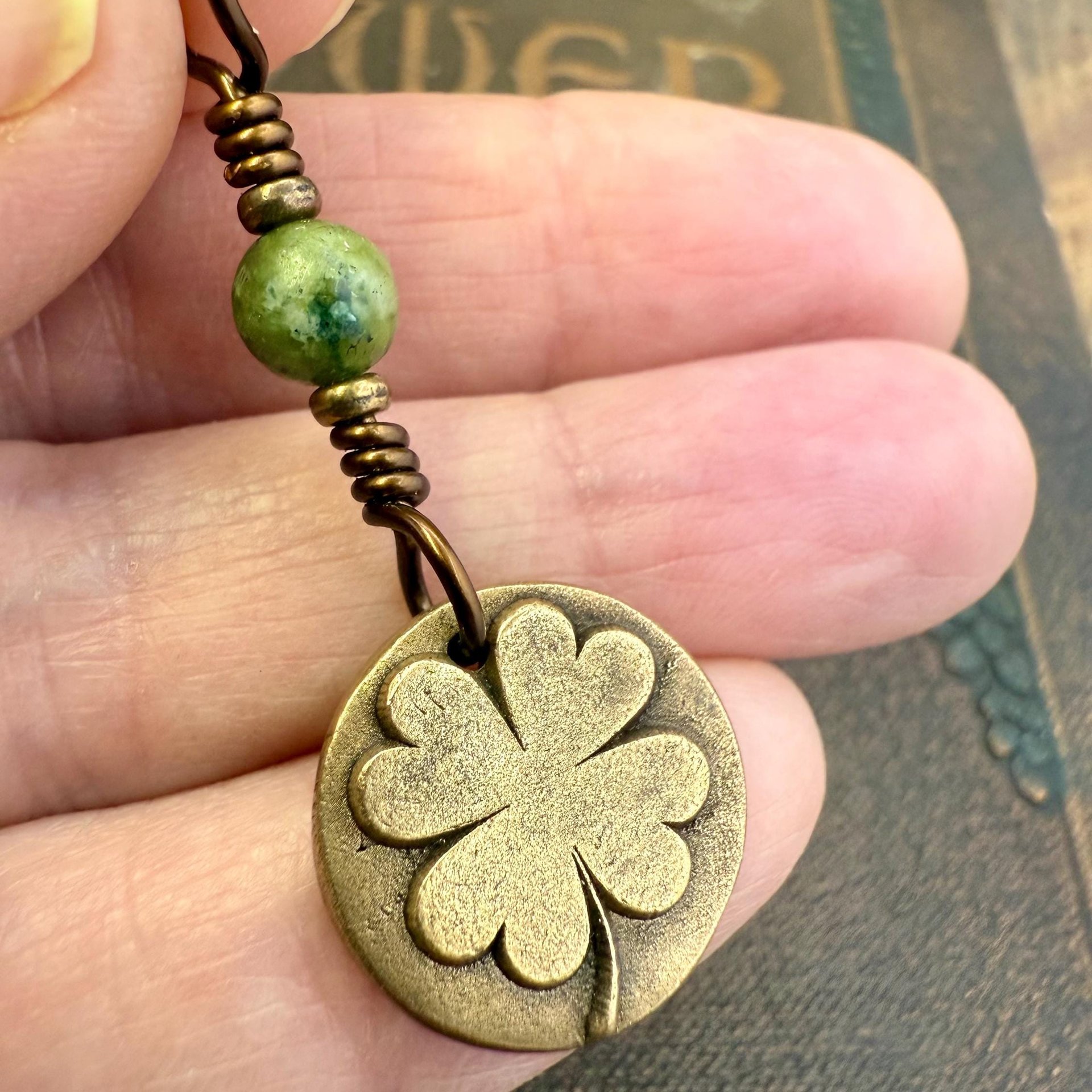 Four Leaf Clover, Bronze Necklace, Wax Seal Charm, Connemara Marble, Irish Celtic Jewelry, Lucky Charm, Celtic Witch, Irish Shamrock Luck
