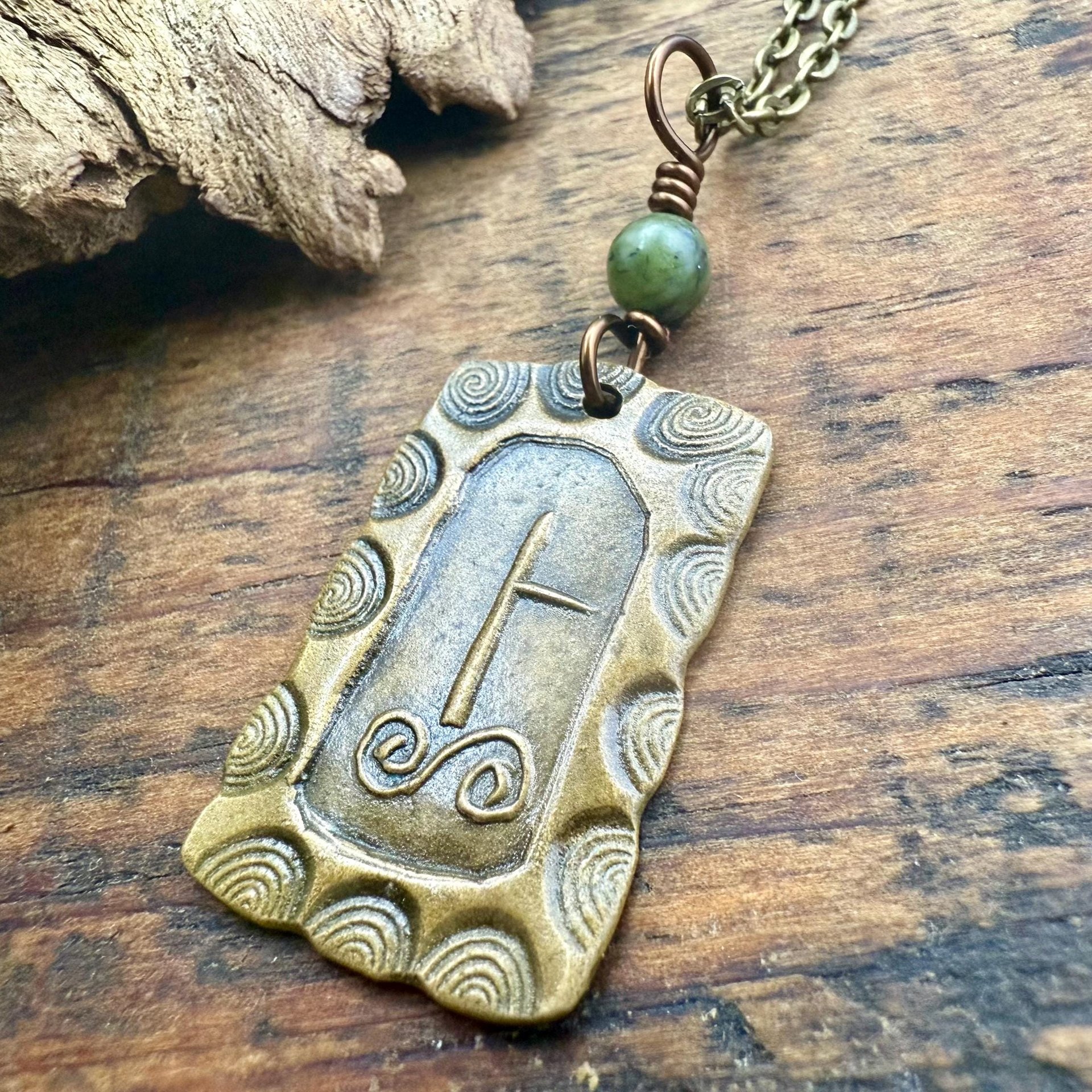 Birch Tree Ogham Charm, Bronze Pendant, Connemara Marble, Celtic Tree Astrology, Hand Carved, Irish Celtic Jewelry, December 24 – January 20