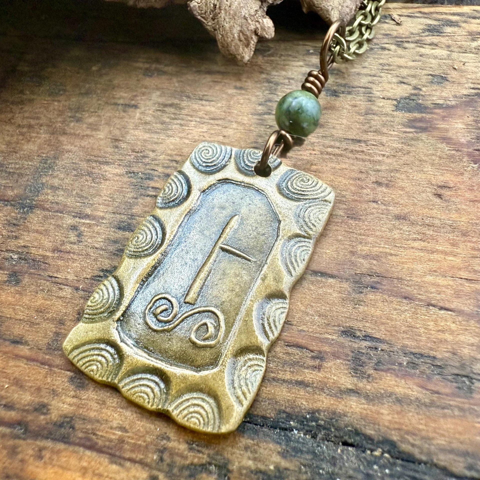 Birch Tree Ogham Charm, Bronze Pendant, Connemara Marble, Celtic Tree Astrology, Hand Carved, Irish Celtic Jewelry, December 24 – January 20