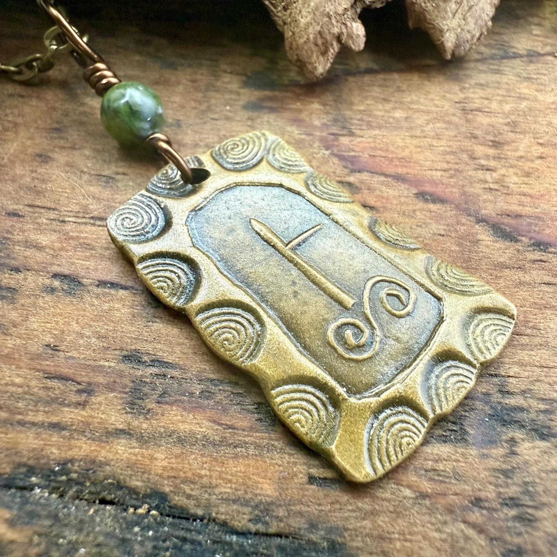 Birch Tree Ogham Charm, Bronze Pendant, Connemara Marble, Celtic Tree Astrology, Hand Carved, Irish Celtic Jewelry, December 24 – January 20