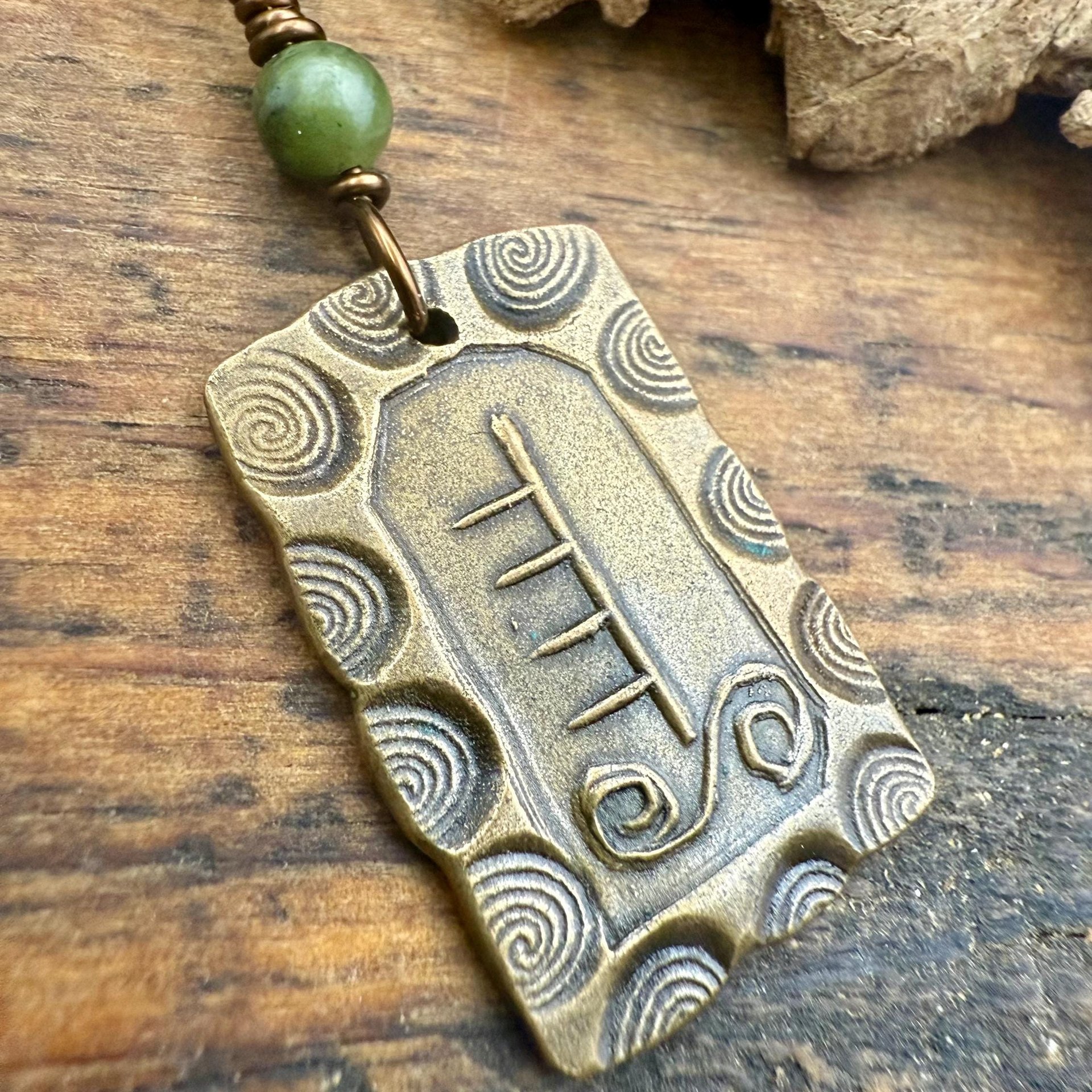 Hazel Tree Ogham Charm, Bronze Pendant, Celtic Tree Astrology, Connemara Marble, Hand Carved, Spirals, Celtic Zodiac, August 5 – September 1