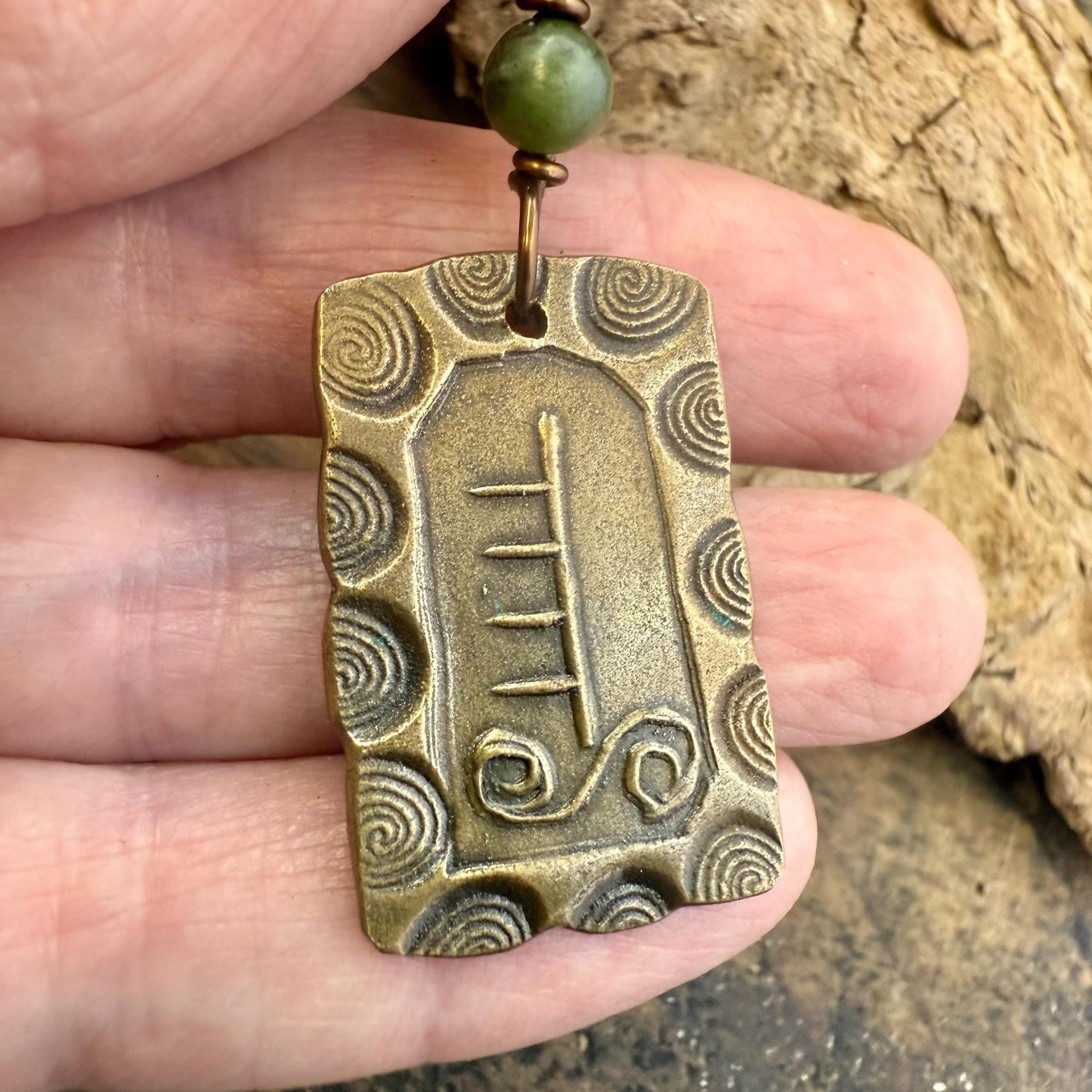 Hazel Tree Ogham Charm, Bronze Pendant, Celtic Tree Astrology, Connemara Marble, Hand Carved, Spirals, Celtic Zodiac, August 5 – September 1