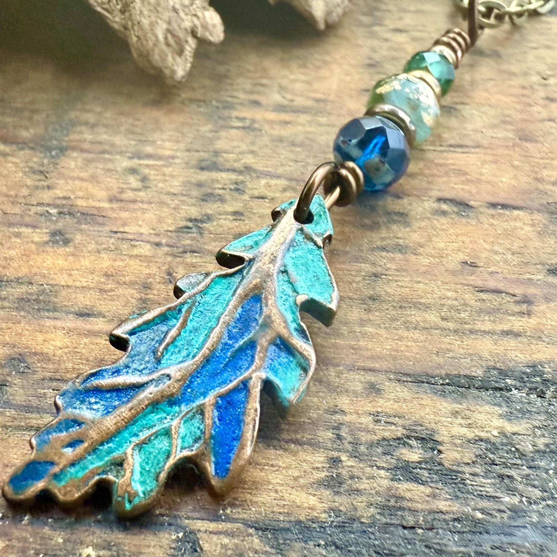 Copper Oak Leaf Pendant, Colorful Patina, Czech Glass Beads, Green Witch, Earthy Rustic, Celtic Tree Astrology, Sacred Oak Tree, Aqua Blue