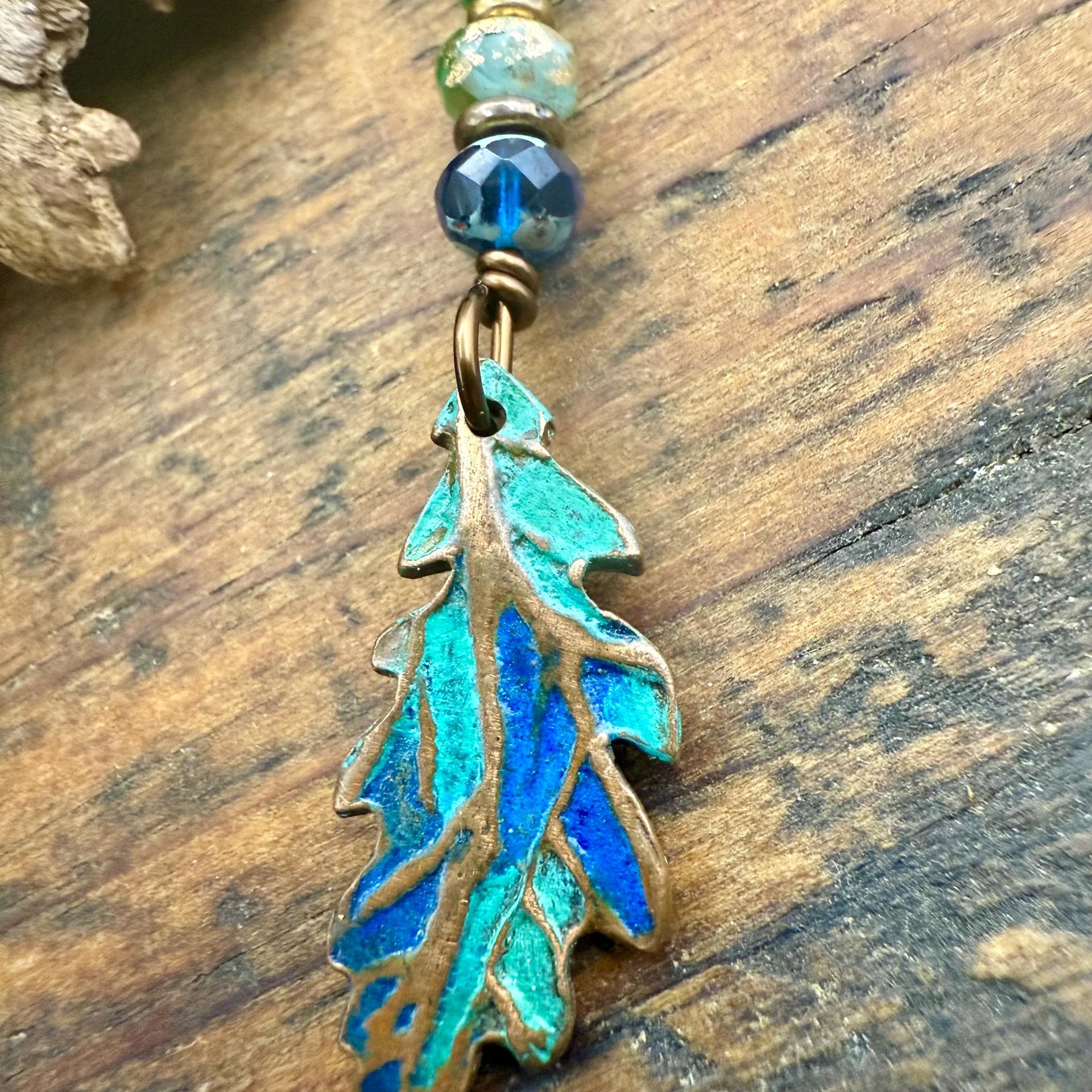 Copper Oak Leaf Pendant, Colorful Patina, Czech Glass Beads, Green Witch, Earthy Rustic, Celtic Tree Astrology, Sacred Oak Tree, Aqua Blue