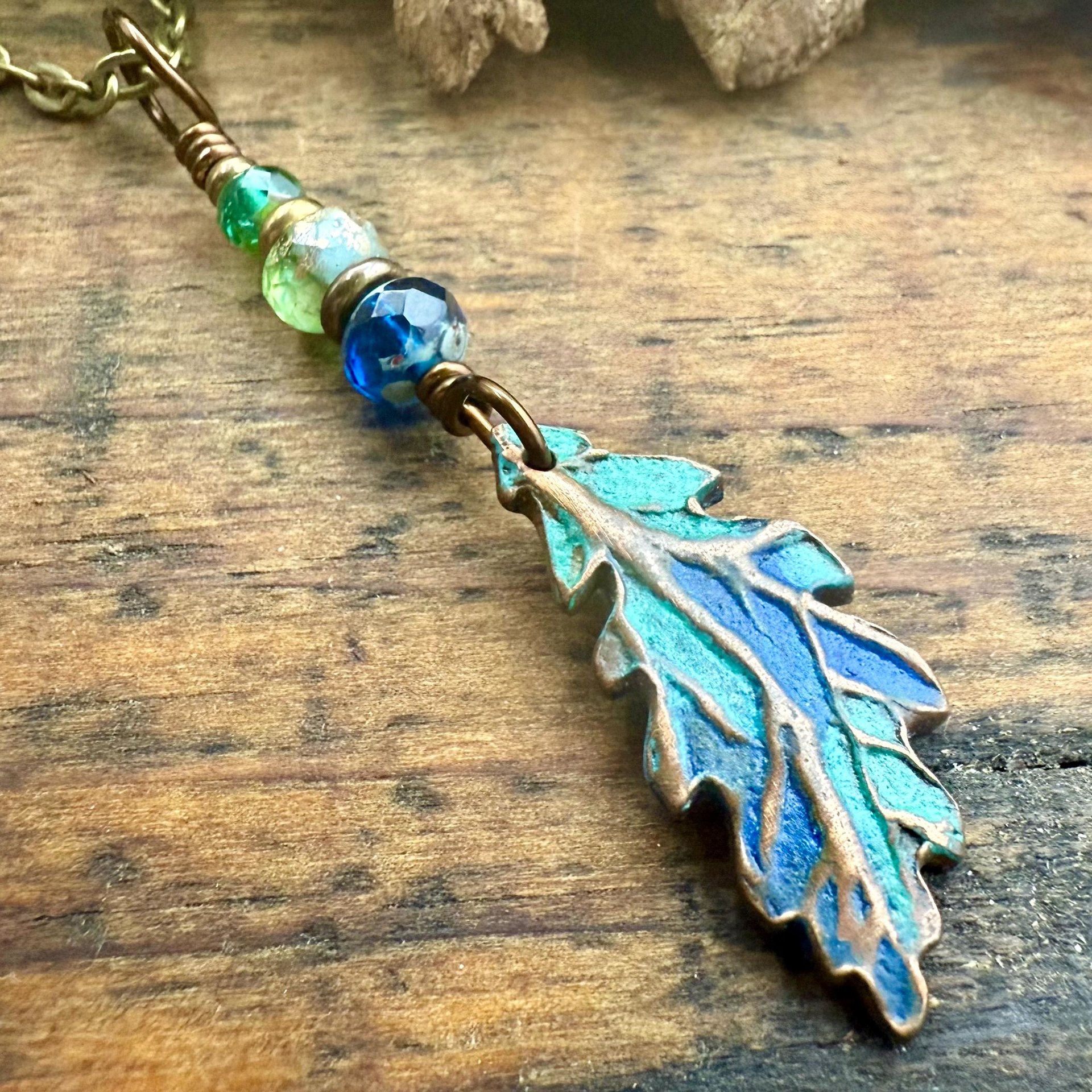 Copper Oak Leaf Pendant, Colorful Patina, Czech Glass Beads, Green Witch, Earthy Rustic, Celtic Tree Astrology, Sacred Oak Tree, Aqua Blue