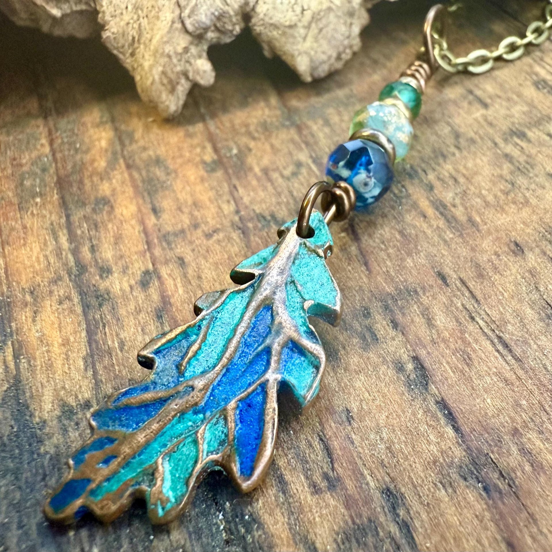 Copper Oak Leaf Pendant, Colorful Patina, Czech Glass Beads, Green Witch, Earthy Rustic, Celtic Tree Astrology, Sacred Oak Tree, Aqua Blue