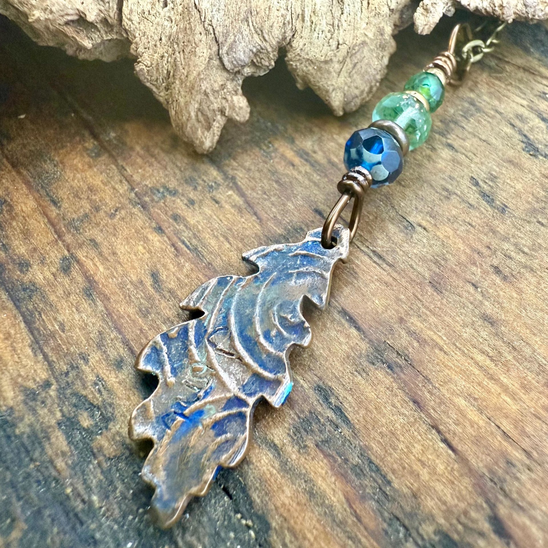 Copper Oak Leaf Pendant, Colorful Patina, Czech Glass Beads, Green Witch, Earthy Rustic, Celtic Tree Astrology, Sacred Oak Tree, Aqua Blue