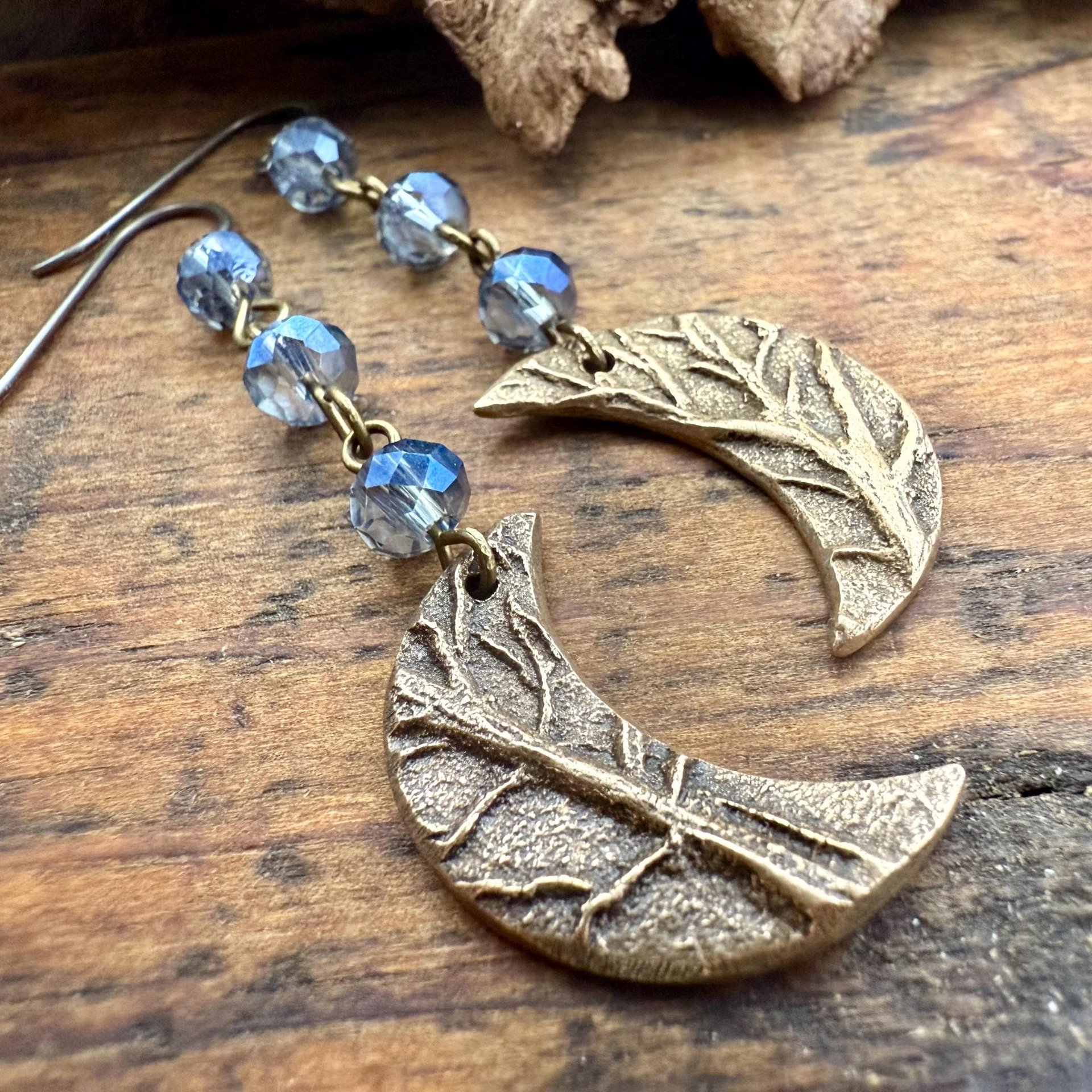 Crescent Moon Bronze Earrings, Midnight Blue Crystal Beads, Celtic Moon Goddess, Long Beaded Moon Earrings, Hypoallergenic, Pagan Wicca Art