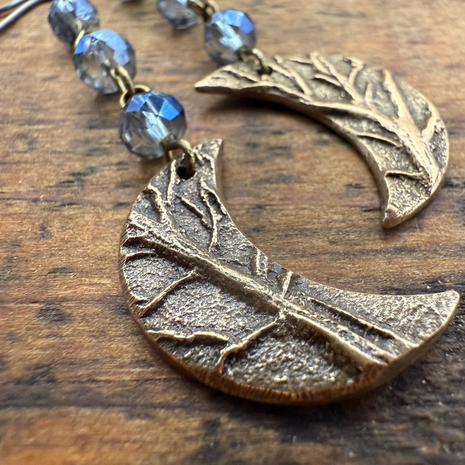 Crescent Moon Bronze Earrings, Midnight Blue Crystal Beads, Celtic Moon Goddess, Long Beaded Moon Earrings, Hypoallergenic, Pagan Wicca Art