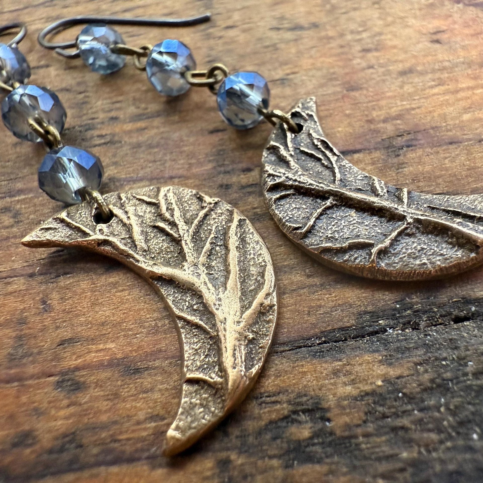 Crescent Moon Bronze Earrings, Midnight Blue Crystal Beads, Celtic Moon Goddess, Long Beaded Moon Earrings, Hypoallergenic, Pagan Wicca Art