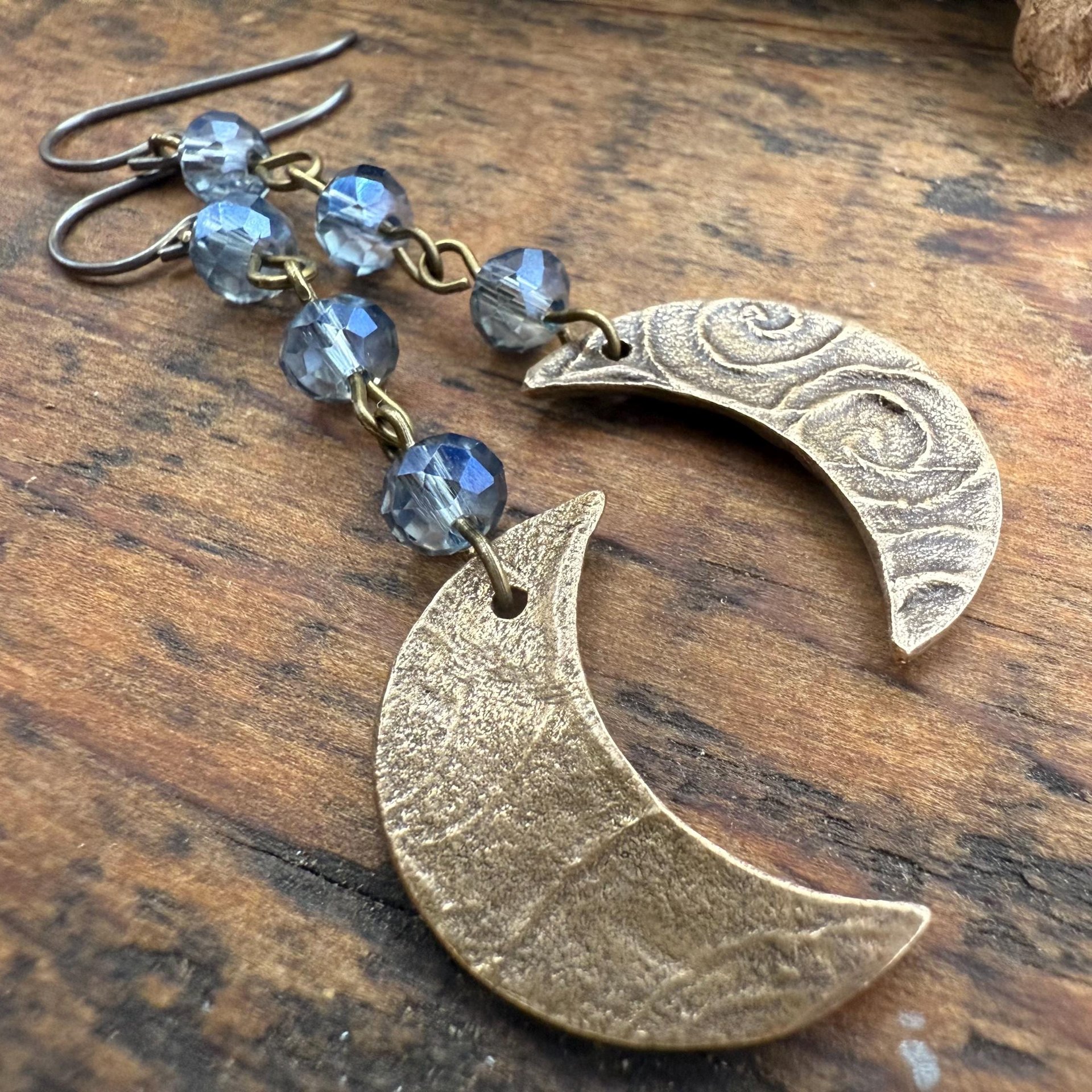 Crescent Moon Bronze Earrings, Midnight Blue Crystal Beads, Celtic Moon Goddess, Long Beaded Moon Earrings, Hypoallergenic, Pagan Wicca Art