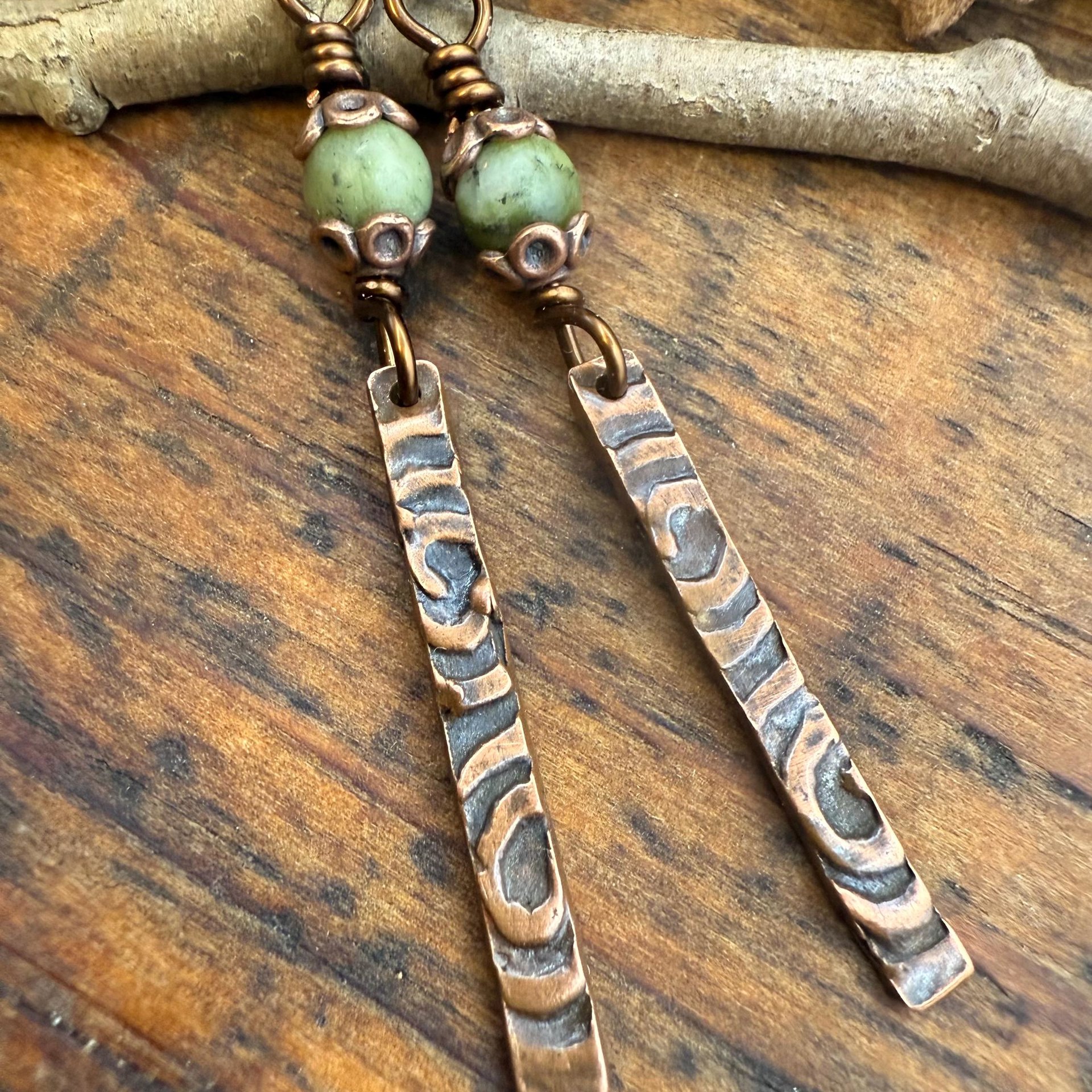Copper Dangle Stick Earrings, Connemara Marble Bead, Long Skinny, Hypoallergenic Ear Wires, Earthy Rustic