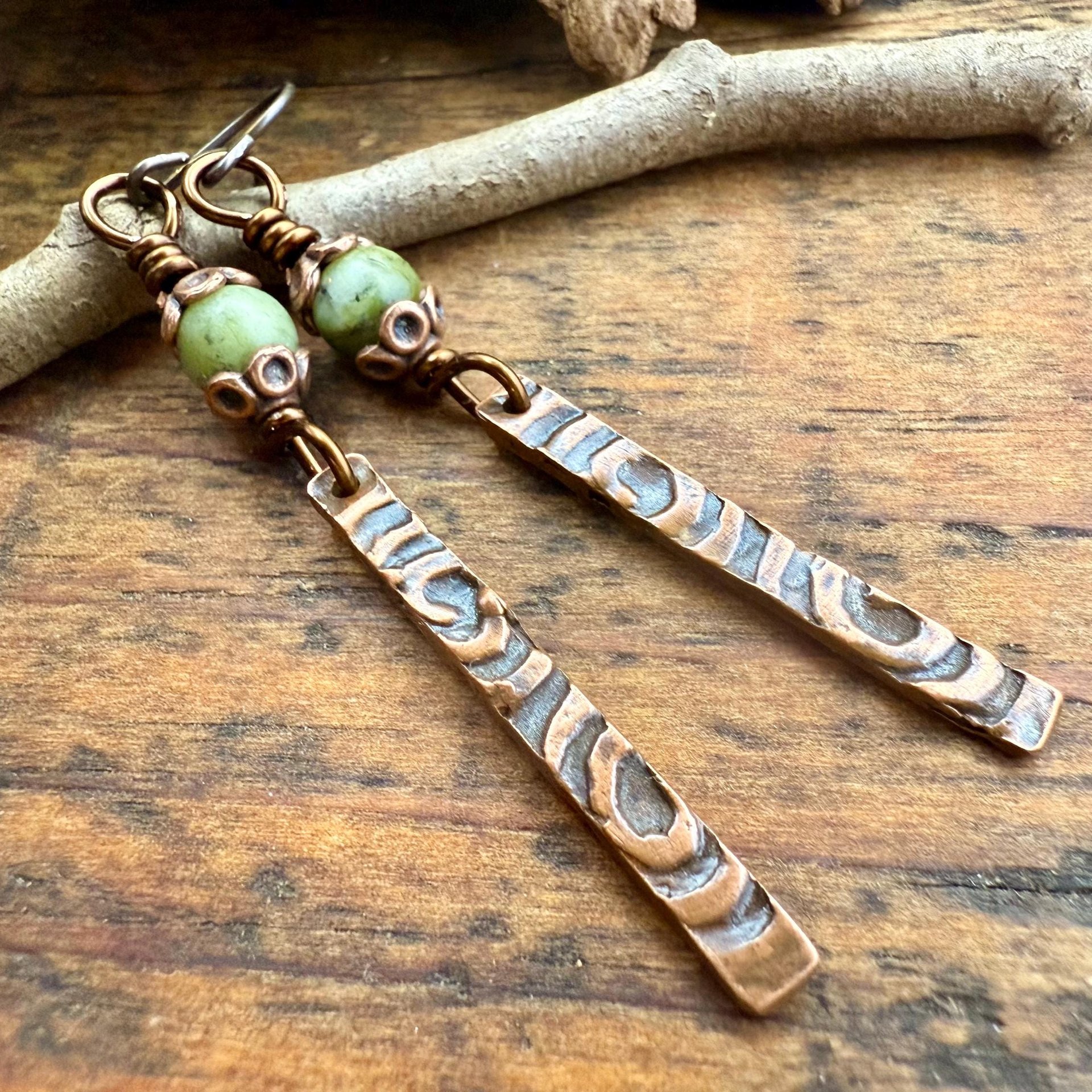 Copper Dangle Stick Earrings, Connemara Marble Bead, Long Skinny, Hypoallergenic Ear Wires, Earthy Rustic