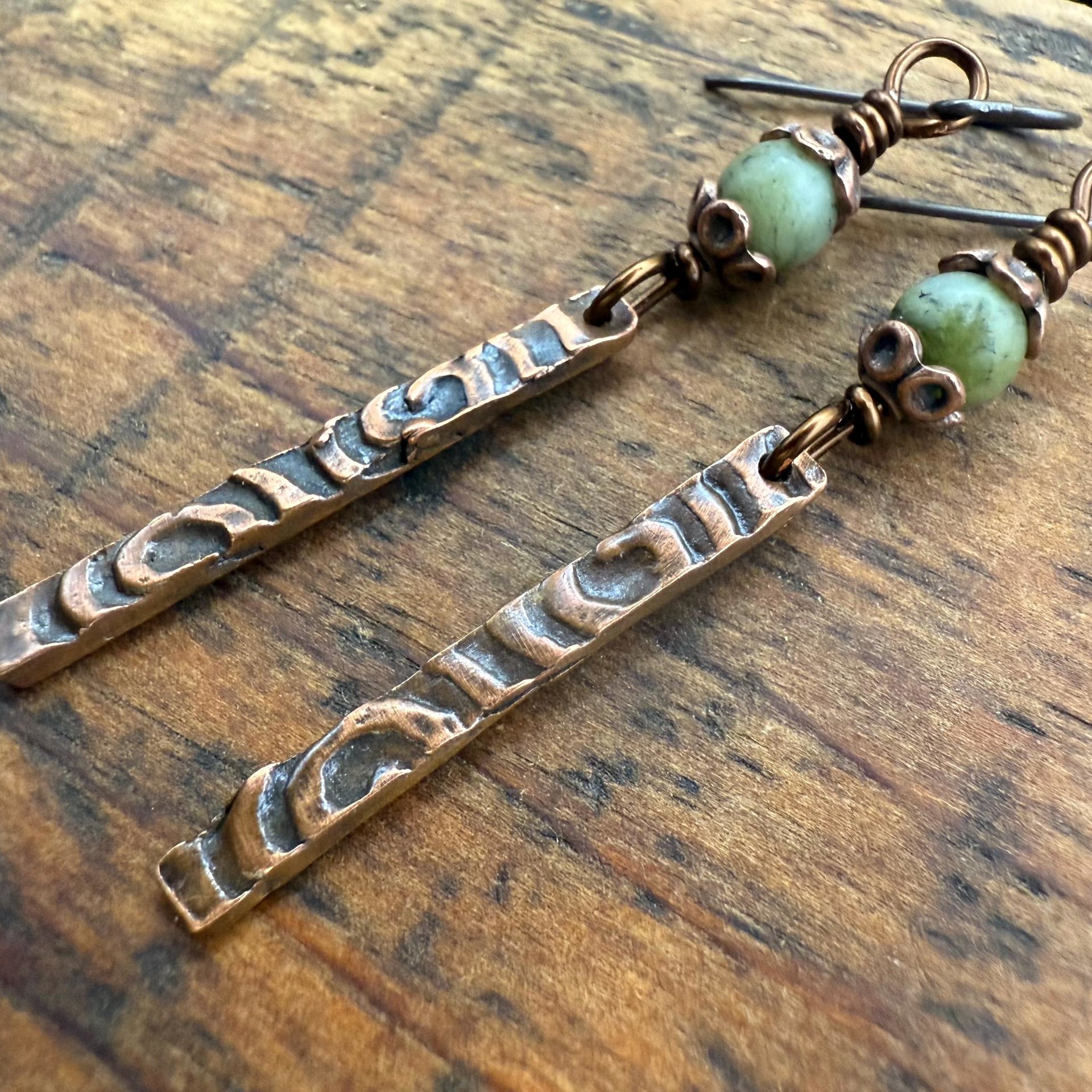 Copper Dangle Stick Earrings, Connemara Marble Bead, Long Skinny, Hypoallergenic Ear Wires, Earthy Rustic
