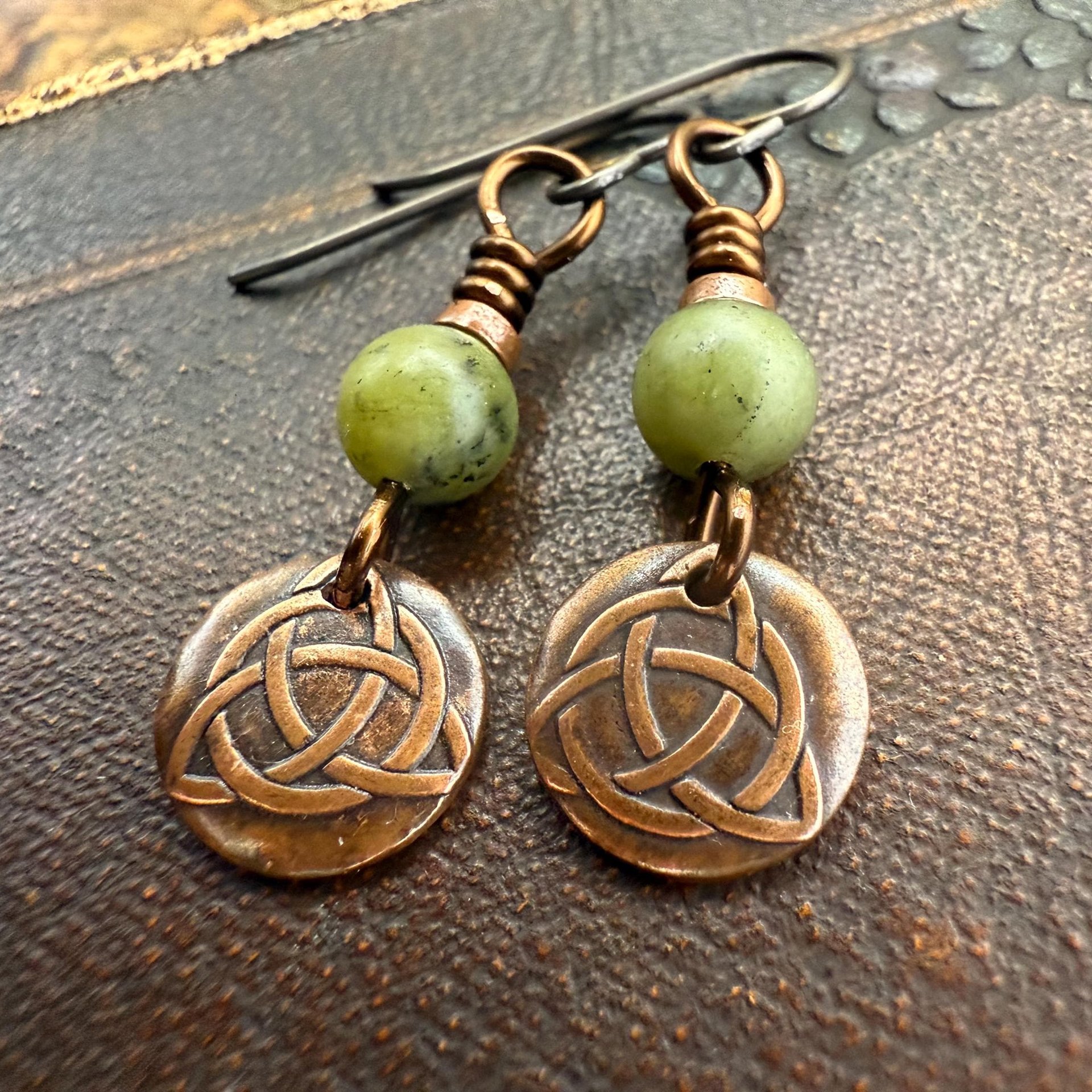 Trinity Knot Earrings, Triquetra, Tiny Copper Discs, Connemara Marble, Irish Celtic Jewelry, Hypoallergenic Ear Wires, Wax Seal Jewelry