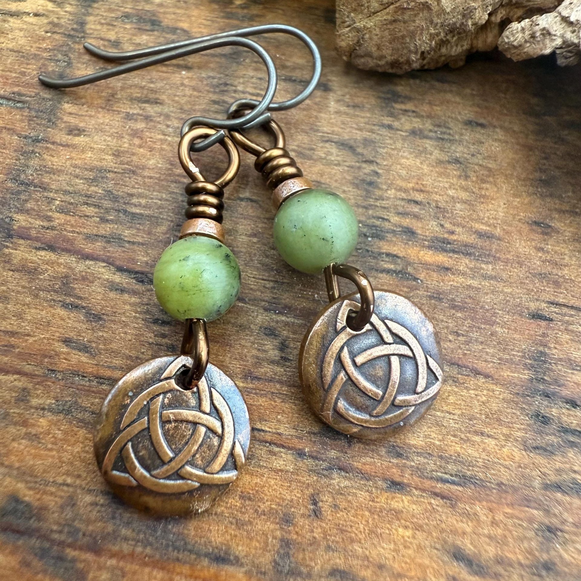 Trinity Knot Earrings, Triquetra, Tiny Copper Discs, Connemara Marble, Irish Celtic Jewelry, Hypoallergenic Ear Wires, Wax Seal Jewelry