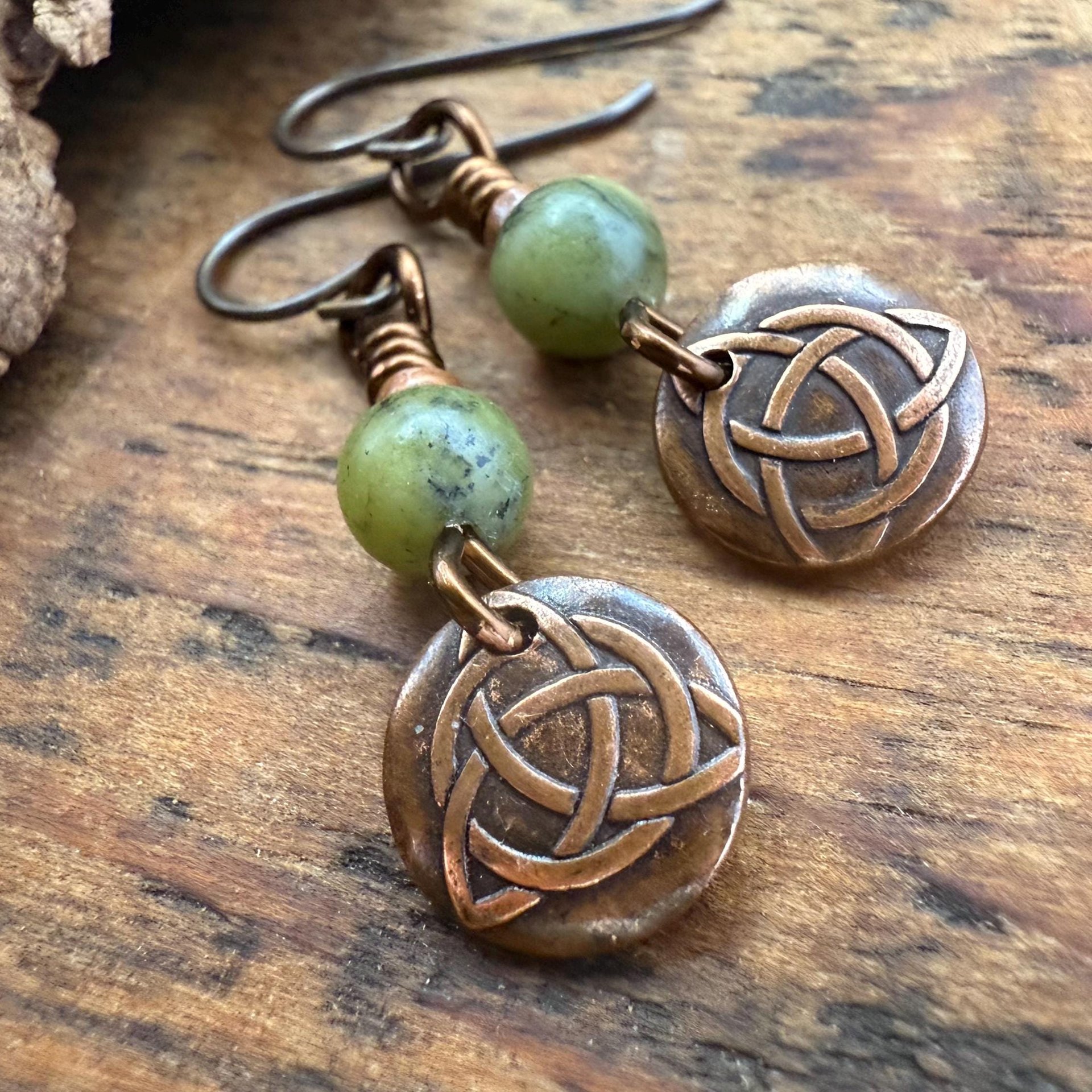 Trinity Knot Earrings, Triquetra, Tiny Copper Discs, Connemara Marble, Irish Celtic Jewelry, Hypoallergenic Ear Wires, Wax Seal Jewelry