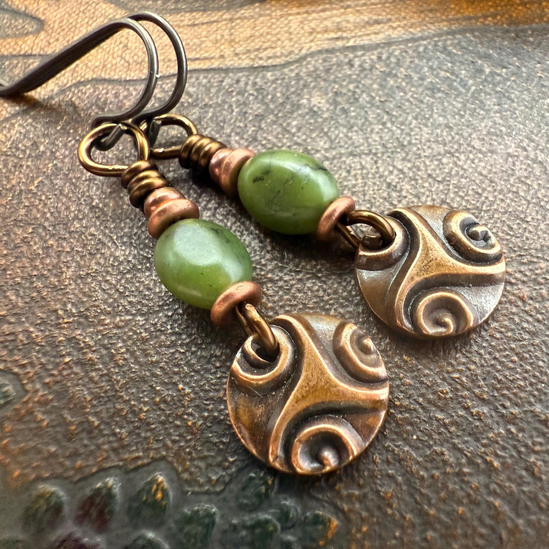 Triskele Copper Earrings, Triple Spirals, Triskelion, Connemara Marble, Irish Celtic Jewelry, Copper Disc Earrings, Hypoallergenic Earrings