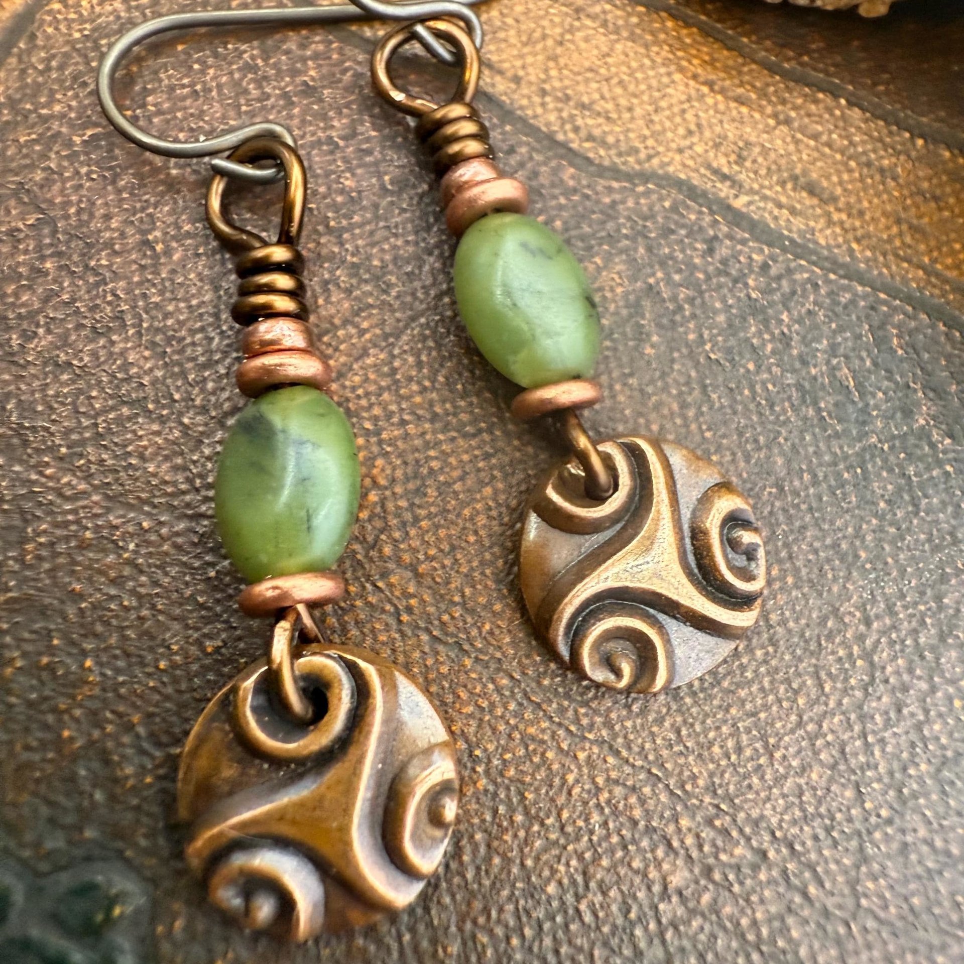 Triskele Copper Earrings, Triple Spirals, Triskelion, Connemara Marble, Irish Celtic Jewelry, Copper Disc Earrings, Hypoallergenic Earrings