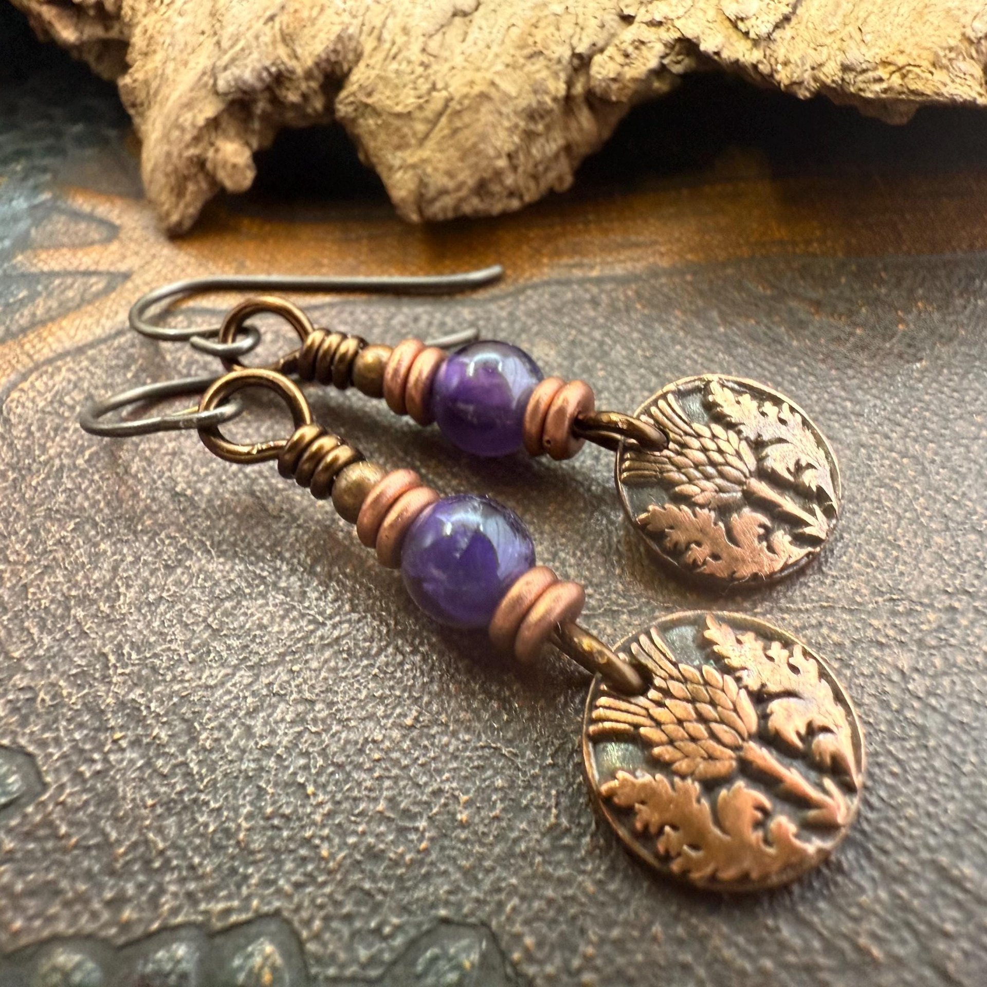 Scottish Thistle Earrings, Outlander Gifts, Copper Anniversary, Thistle of Scotland, Amethyst, Wax Seal Charm, Highlander, Disc Earrings