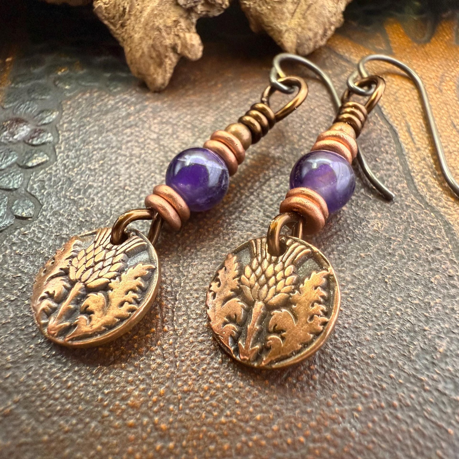 Scottish Thistle Earrings, Outlander Gifts, Copper Anniversary, Thistle of Scotland, Amethyst, Wax Seal Charm, Highlander, Disc Earrings