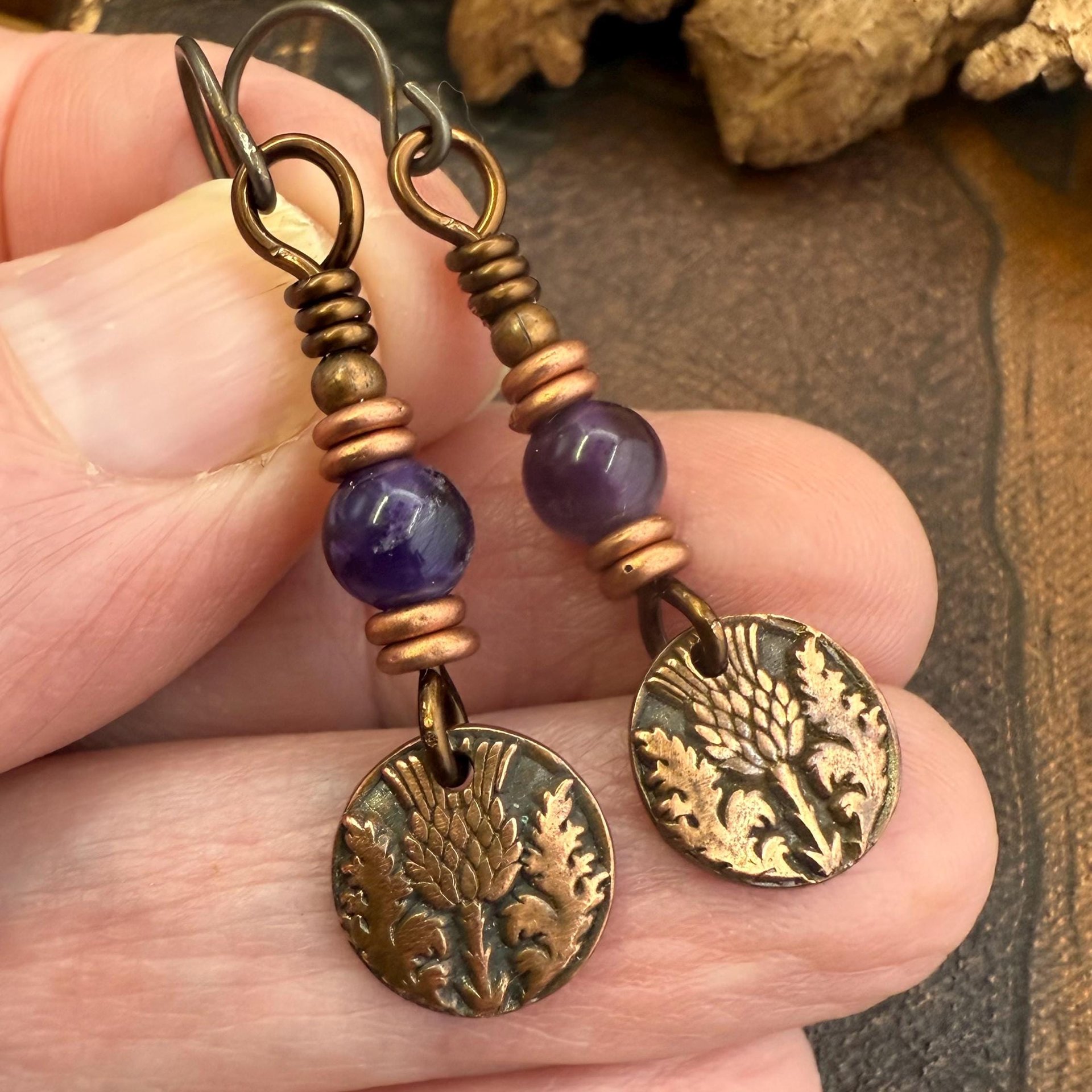 Scottish Thistle Earrings, Outlander Gifts, Copper Anniversary, Thistle of Scotland, Amethyst, Wax Seal Charm, Highlander, Disc Earrings