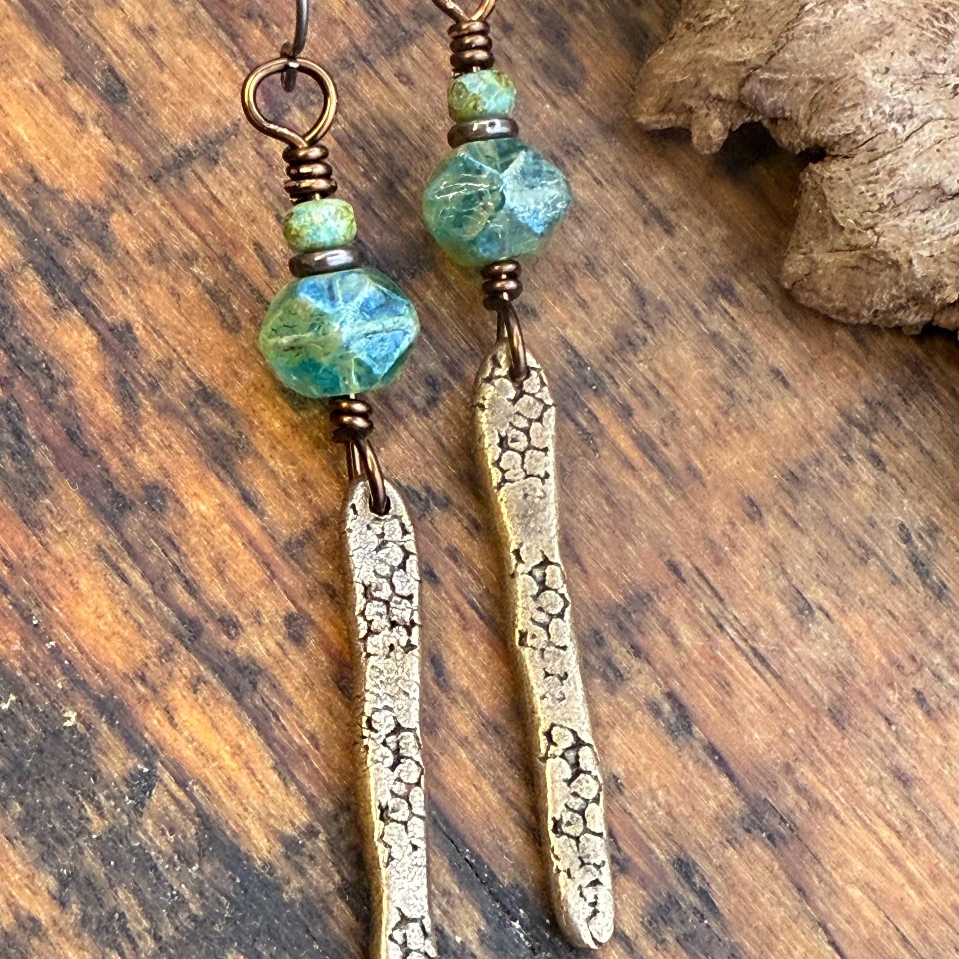 Bronze Dangle Drop Earrings, Coral Fossil Texture, Czech Glass Beads, Bronze Aqua Blue, Hypoallergenic Niobium Ear Wires, Earthy Primitive