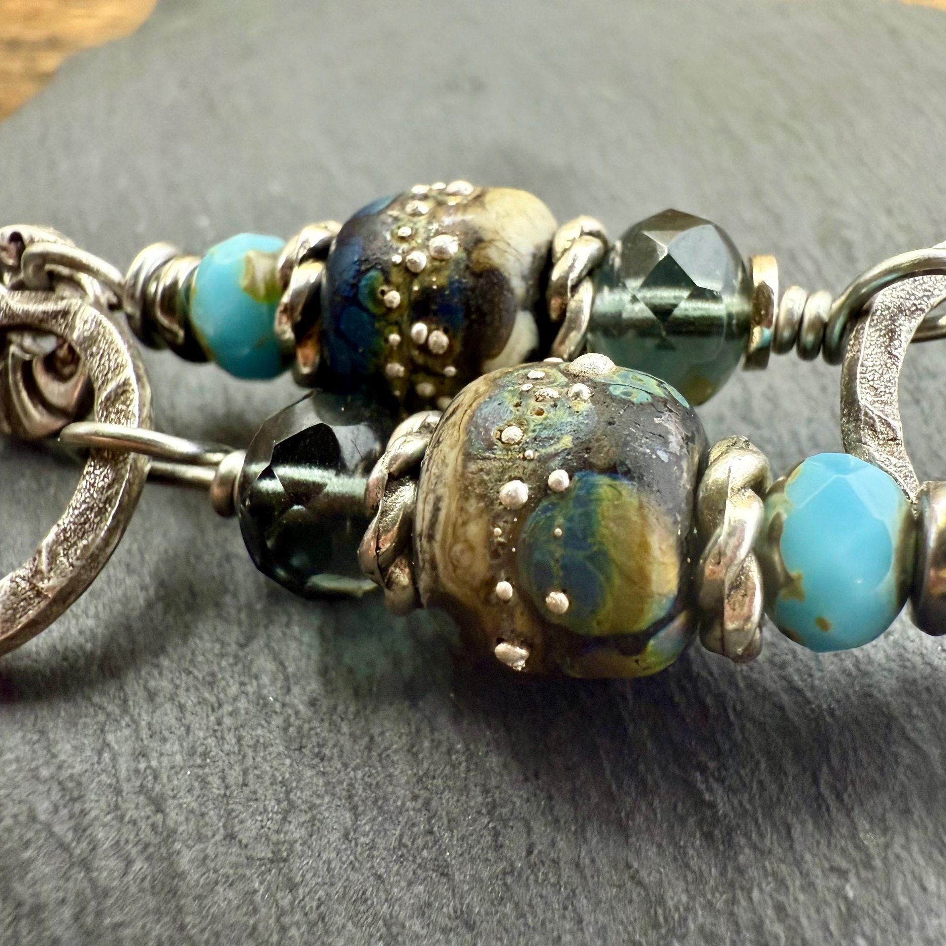 Hoop Sterling Silver Earrings, Raku Lampwork Beads, Hypoallergenic Ear Wires, Long Statement Earrings, Earthy Rustic, Mismatched Earrings