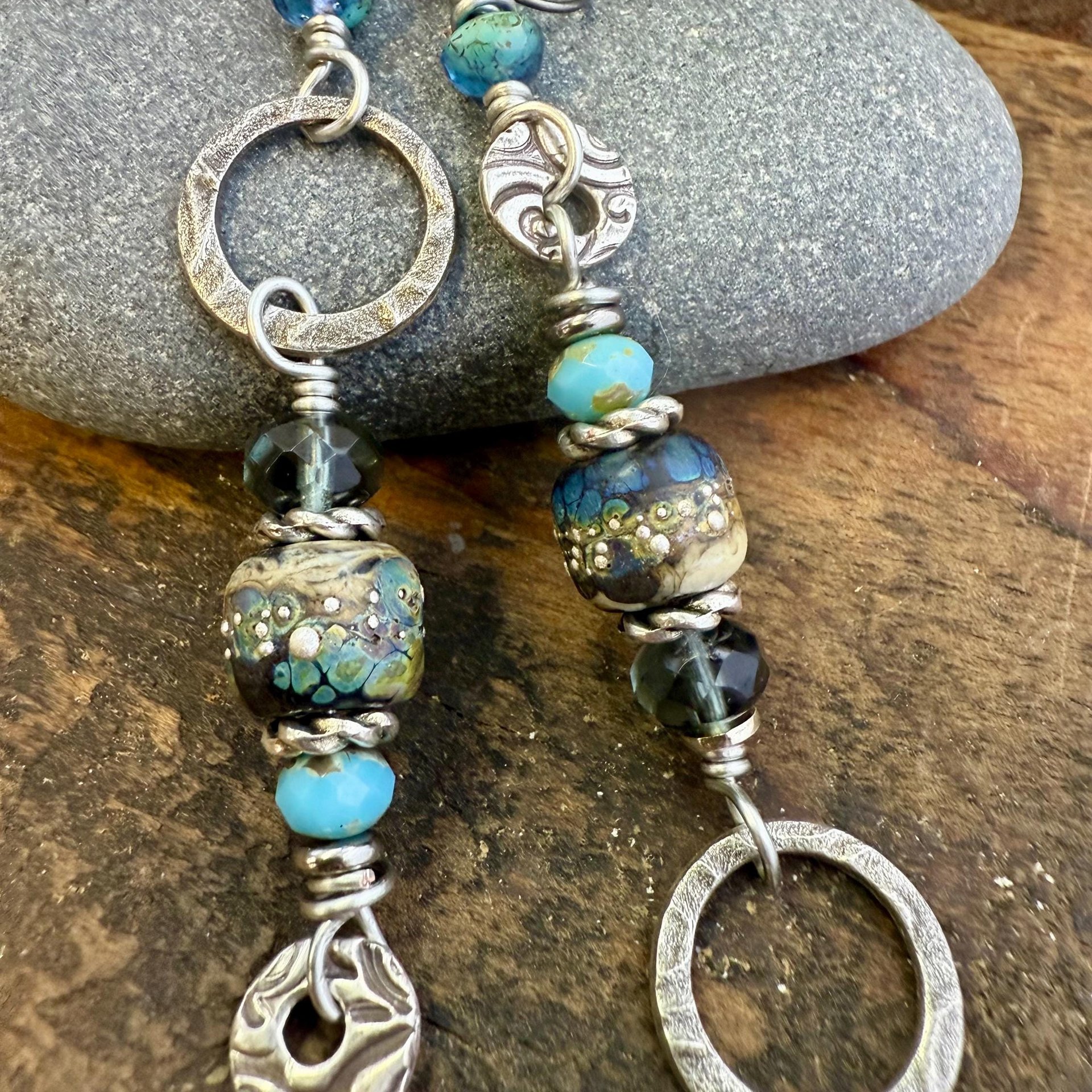 Hoop Sterling Silver Earrings, Raku Lampwork Beads, Hypoallergenic Ear Wires, Long Statement Earrings, Earthy Rustic, Mismatched Earrings
