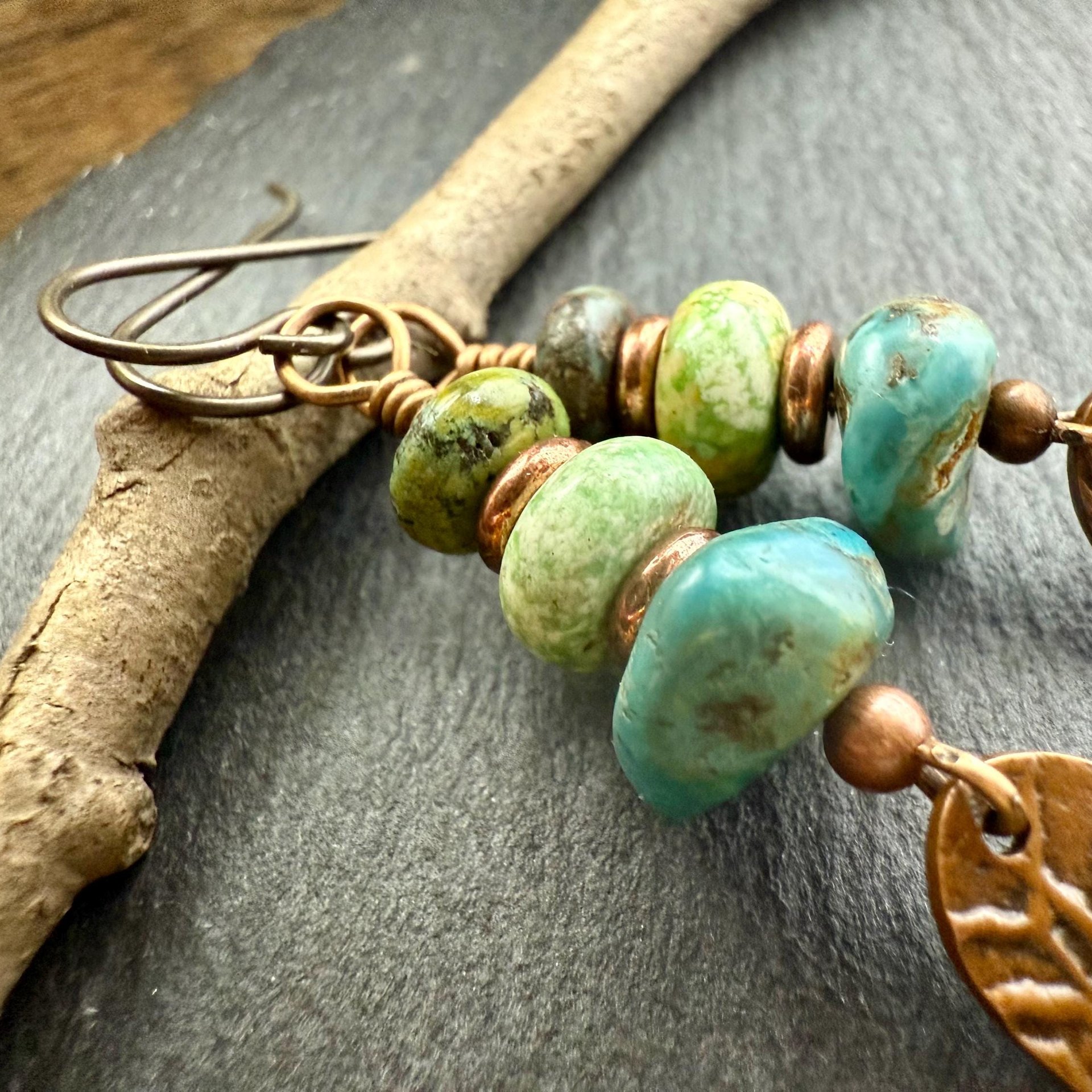 Copper Tree Branch Drop Earrings, Stacked Turquoise Beads, Cairn Stones, Summer Boho Style, Light Everyday, Hypoallergenic Ear Wires, Witchy