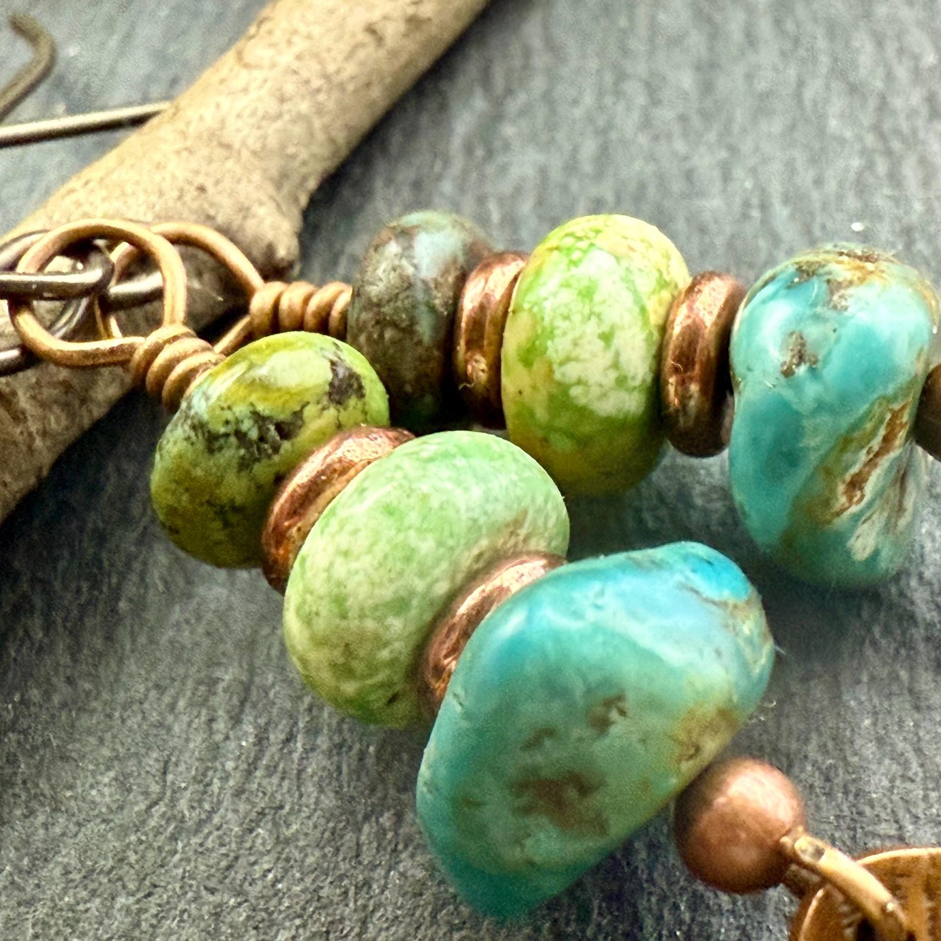 Copper Tree Branch Drop Earrings, Stacked Turquoise Beads, Cairn Stones, Summer Boho Style, Light Everyday, Hypoallergenic Ear Wires, Witchy