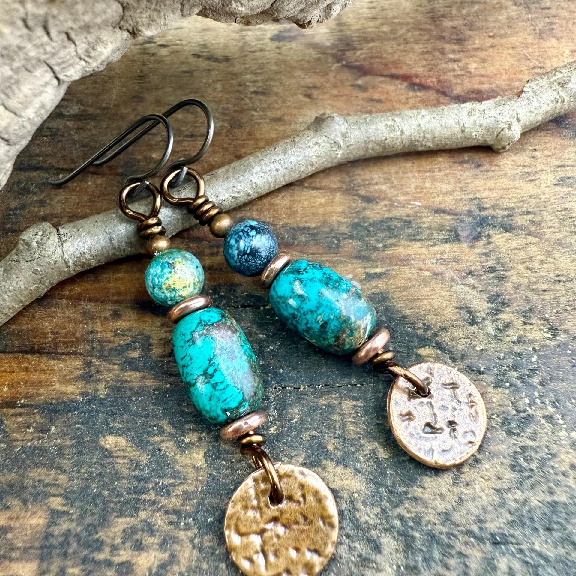 Copper Disc Drop Earrings, Turquoise Beads, Light Everyday, Boho Summer Style, Hypoallergenic Ear Wires, Earthy Rustic Jewelry, Handmade