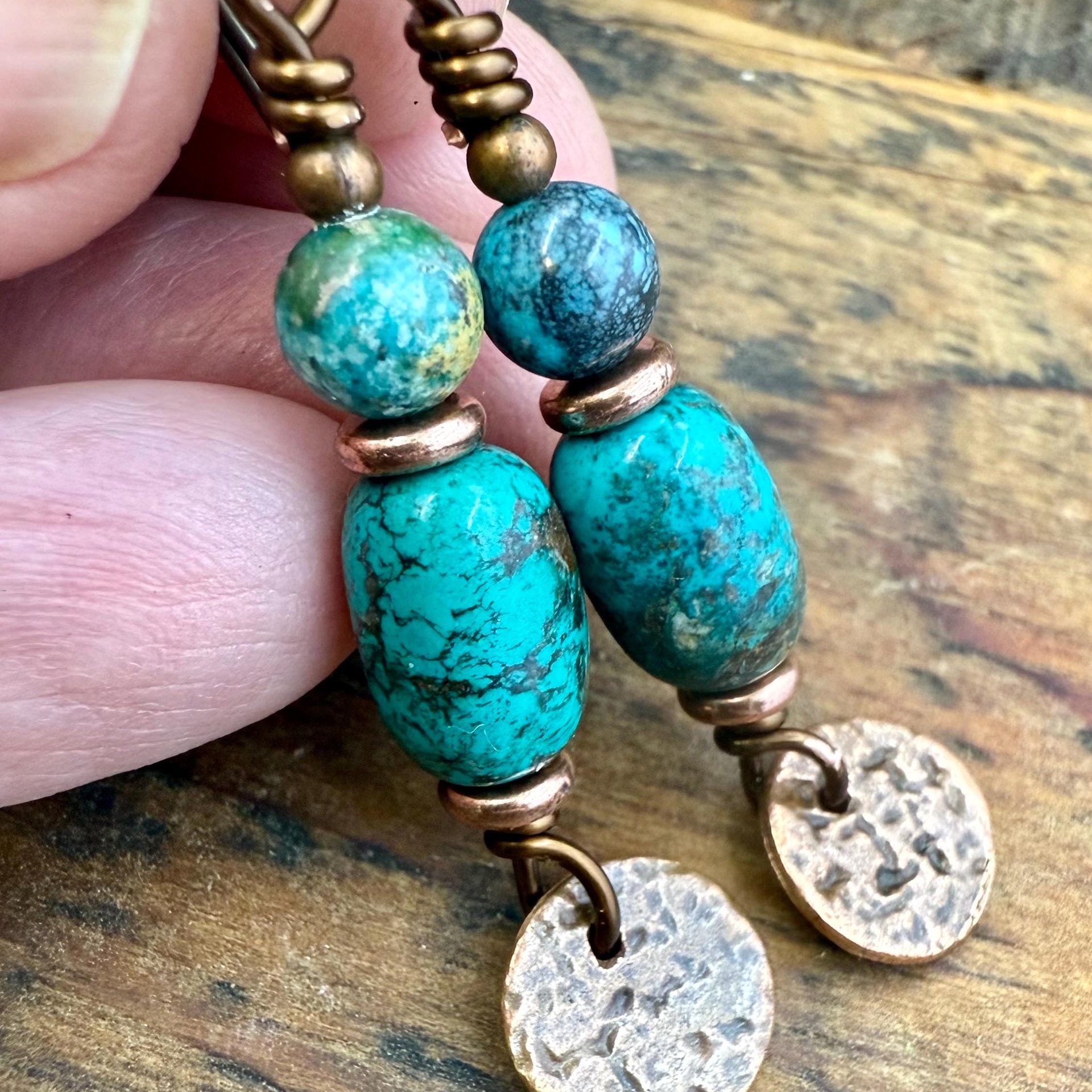 Copper Disc Drop Earrings, Turquoise Beads, Light Everyday, Boho Summer Style, Hypoallergenic Ear Wires, Earthy Rustic Jewelry, Handmade
