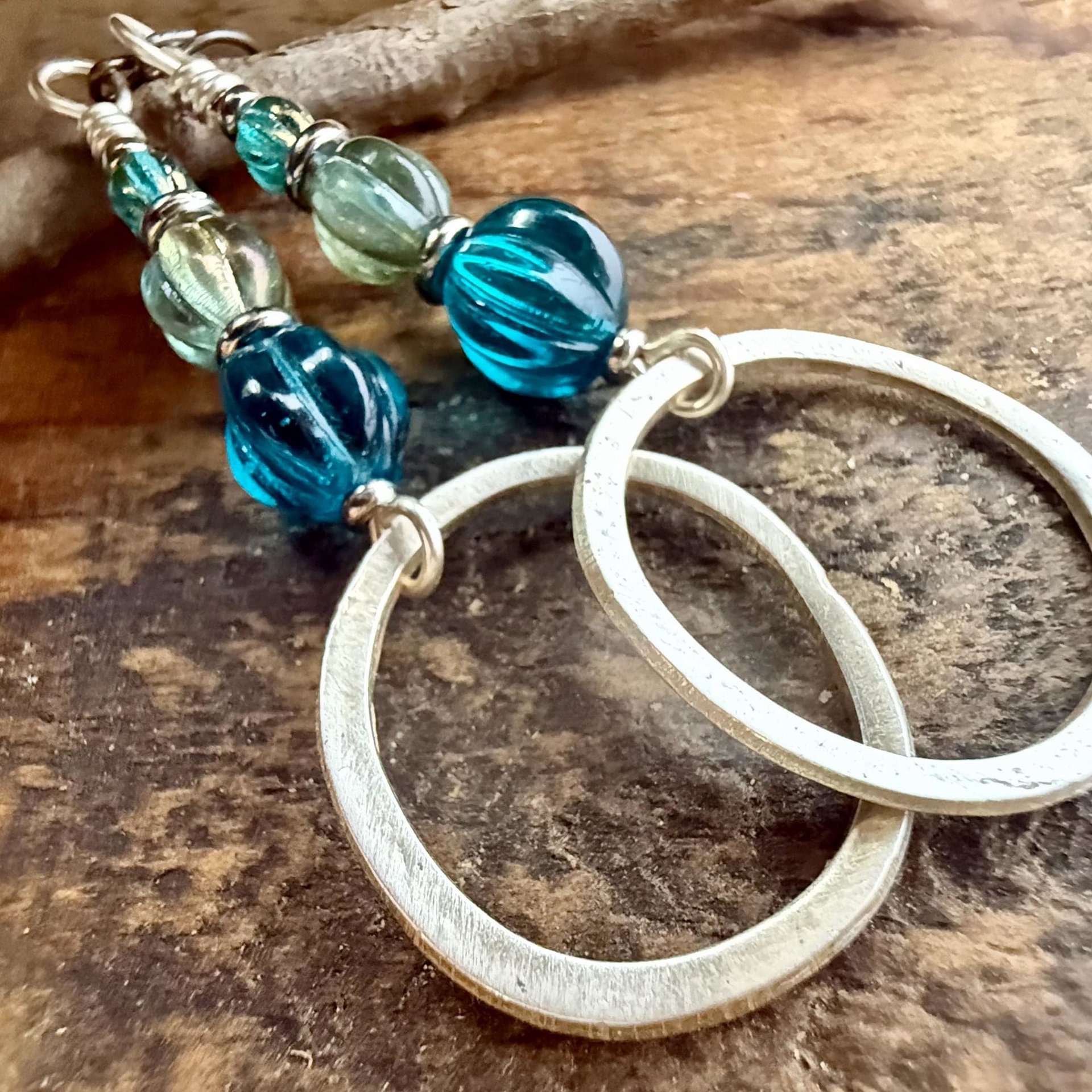 Sterling Silver Drop Hoop Earrings, Czech Glass Beads, Light Everyday Earrings, Hypoallergenic, Niobium Ear Wires, Earthy Rustic Jewelry