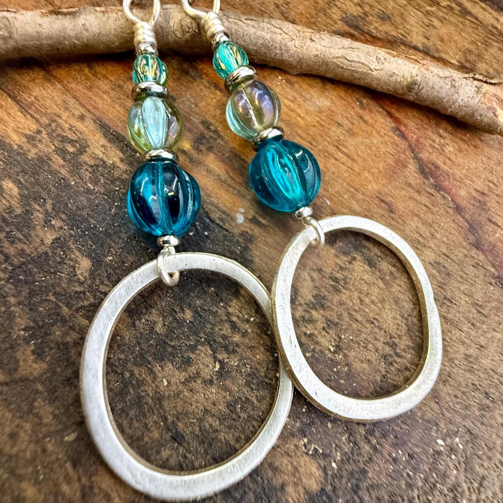 Sterling Silver Drop Hoop Earrings, Czech Glass Beads, Light Everyday Earrings, Hypoallergenic, Niobium Ear Wires, Earthy Rustic Jewelry