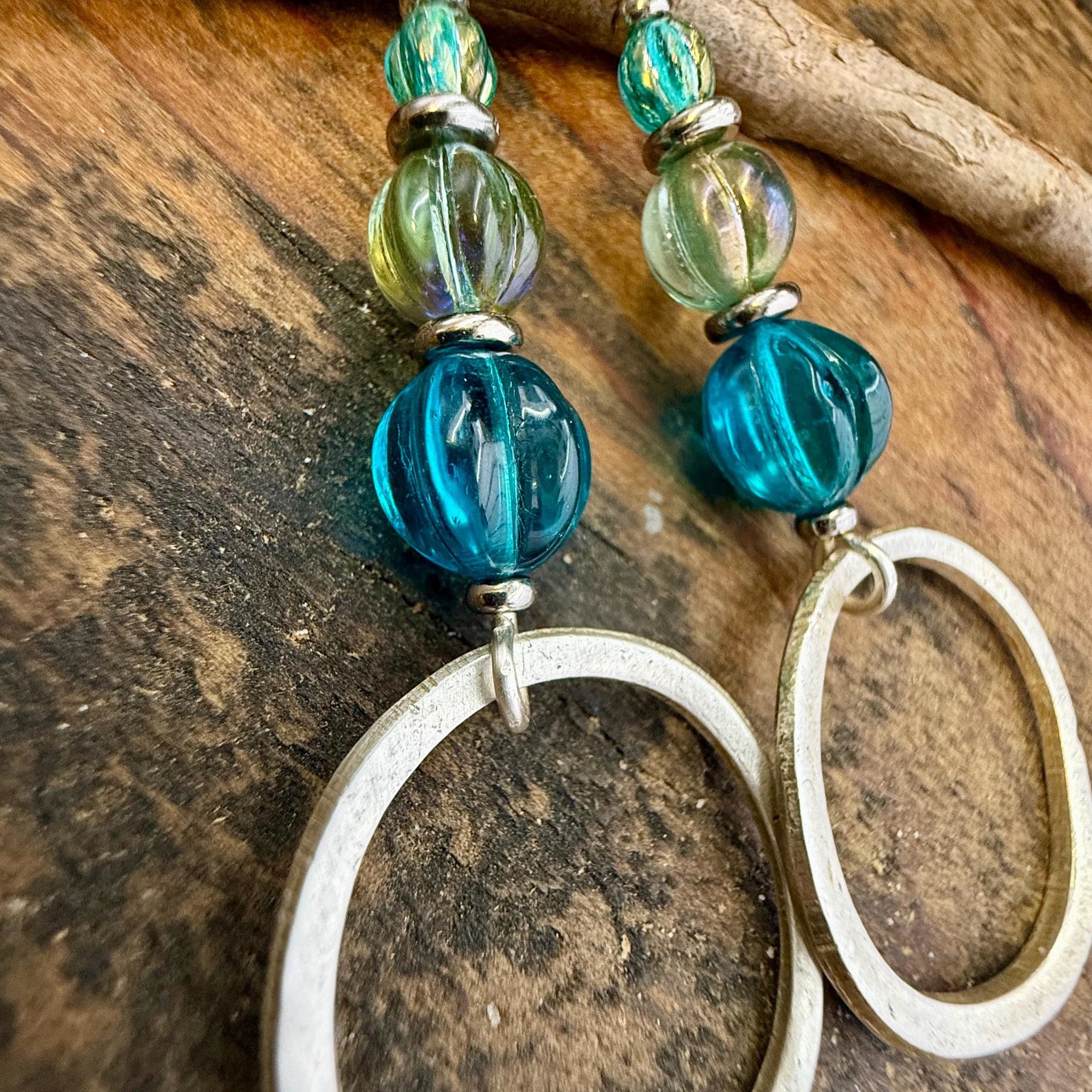Sterling Silver Drop Hoop Earrings, Czech Glass Beads, Light Everyday Earrings, Hypoallergenic, Niobium Ear Wires, Earthy Rustic Jewelry