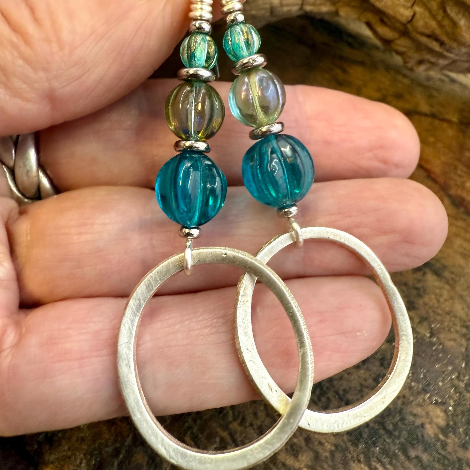 Sterling Silver Drop Hoop Earrings, Czech Glass Beads, Light Everyday Earrings, Hypoallergenic, Niobium Ear Wires, Earthy Rustic Jewelry