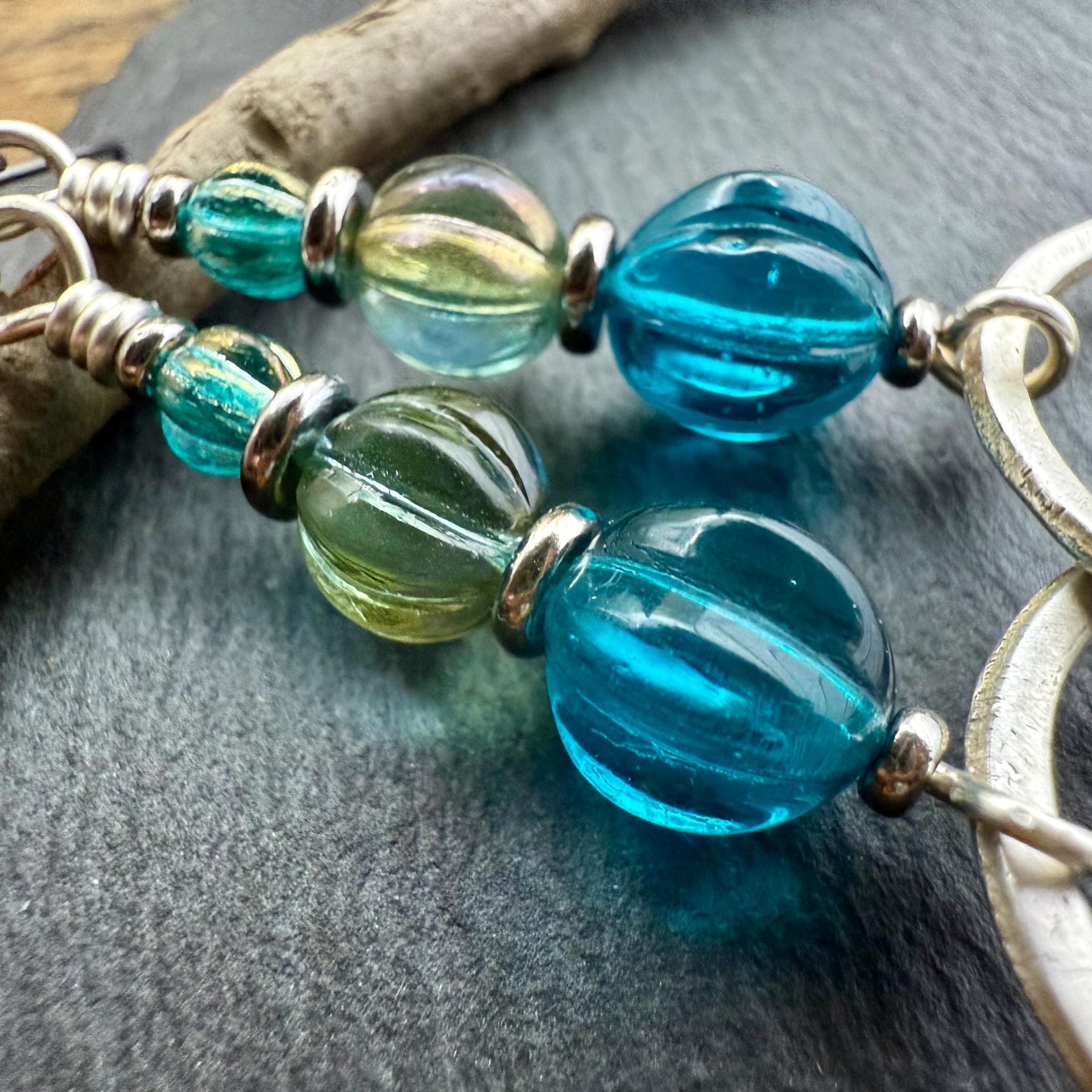Sterling Silver Drop Hoop Earrings, Czech Glass Beads, Light Everyday Earrings, Hypoallergenic, Niobium Ear Wires, Earthy Rustic Jewelry
