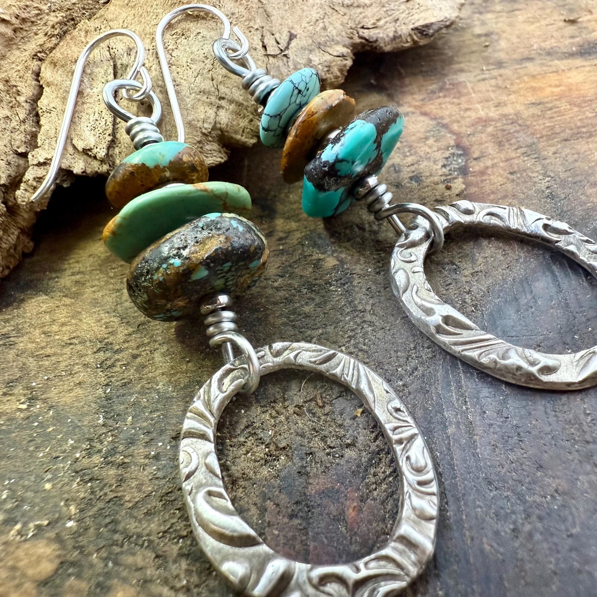 Sterling Silver & Turquoise, Drop Hoop Earrings, Summer Boho Style, Earthy Rustic Jewelry, Stacked Cairn Beads, Everyday, Handmade Art Style