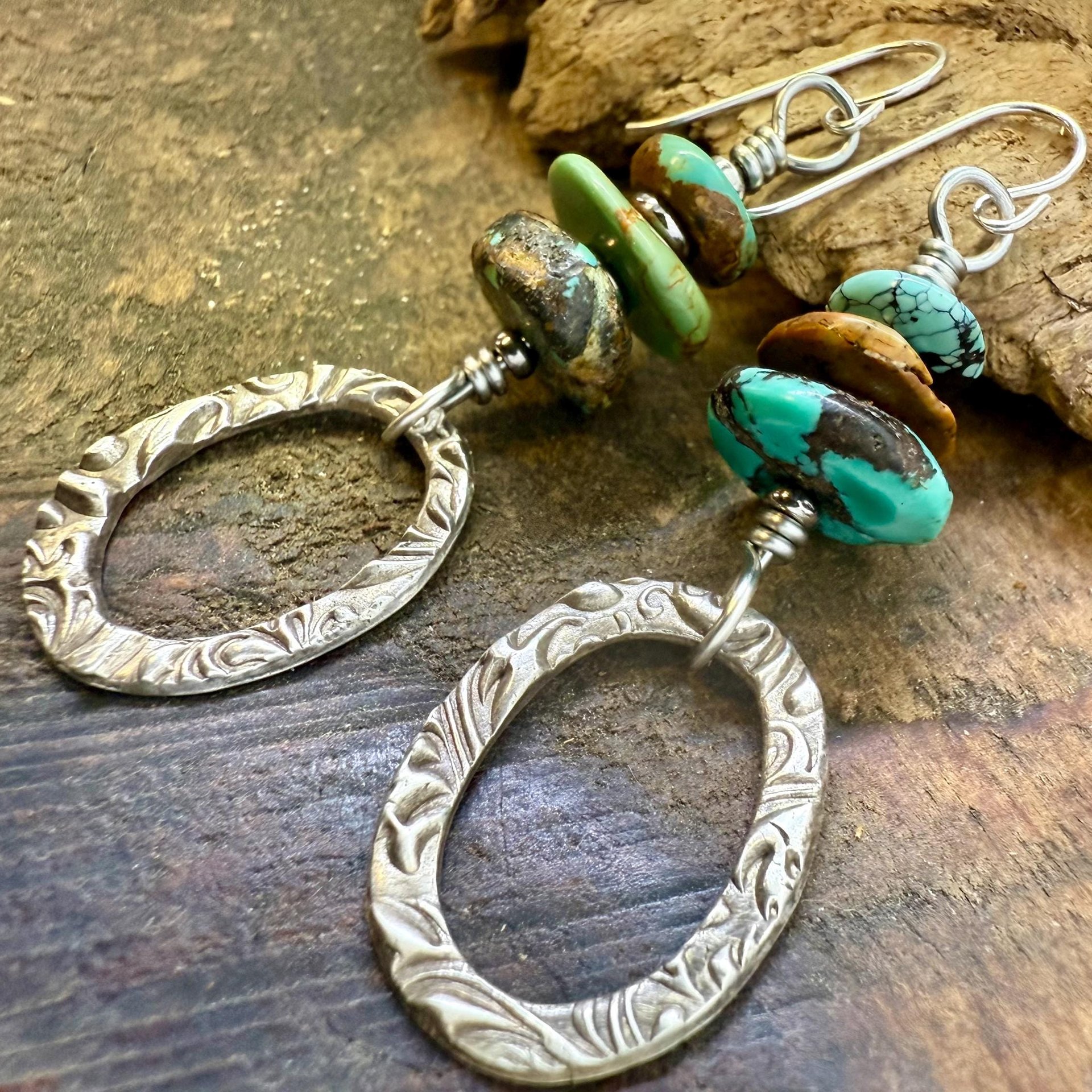Sterling Silver & Turquoise, Drop Hoop Earrings, Summer Boho Style, Earthy Rustic Jewelry, Stacked Cairn Beads, Everyday, Handmade Art Style