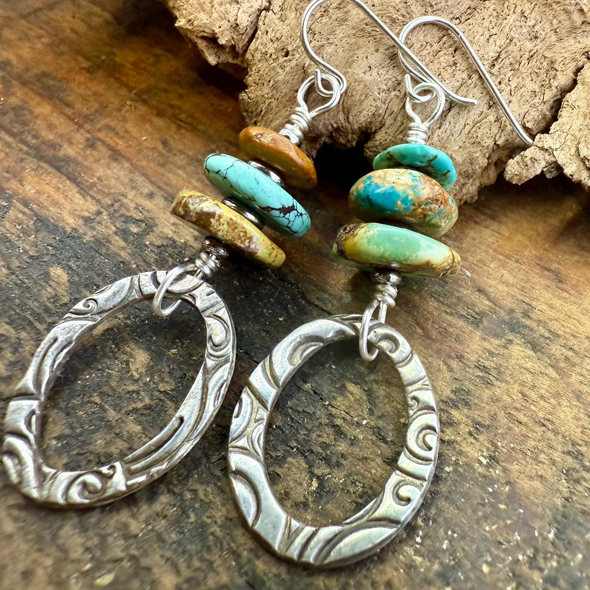 Sterling Silver & Turquoise, Drop Hoop Earrings, Summer Boho Style, Earthy Rustic Jewelry, Stacked Cairn Beads, Everyday, Handmade Art Style