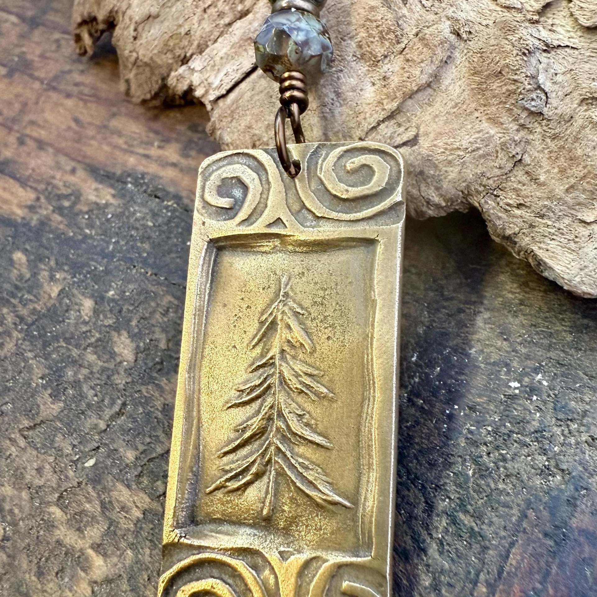 Pine Tree, Bronze Pendant, Celtic Spirals, Czech Glass Beads, Evergreen Trees, Earthy Rustic Art Jewelry, Hand Carved, Tree of Life, Pagan