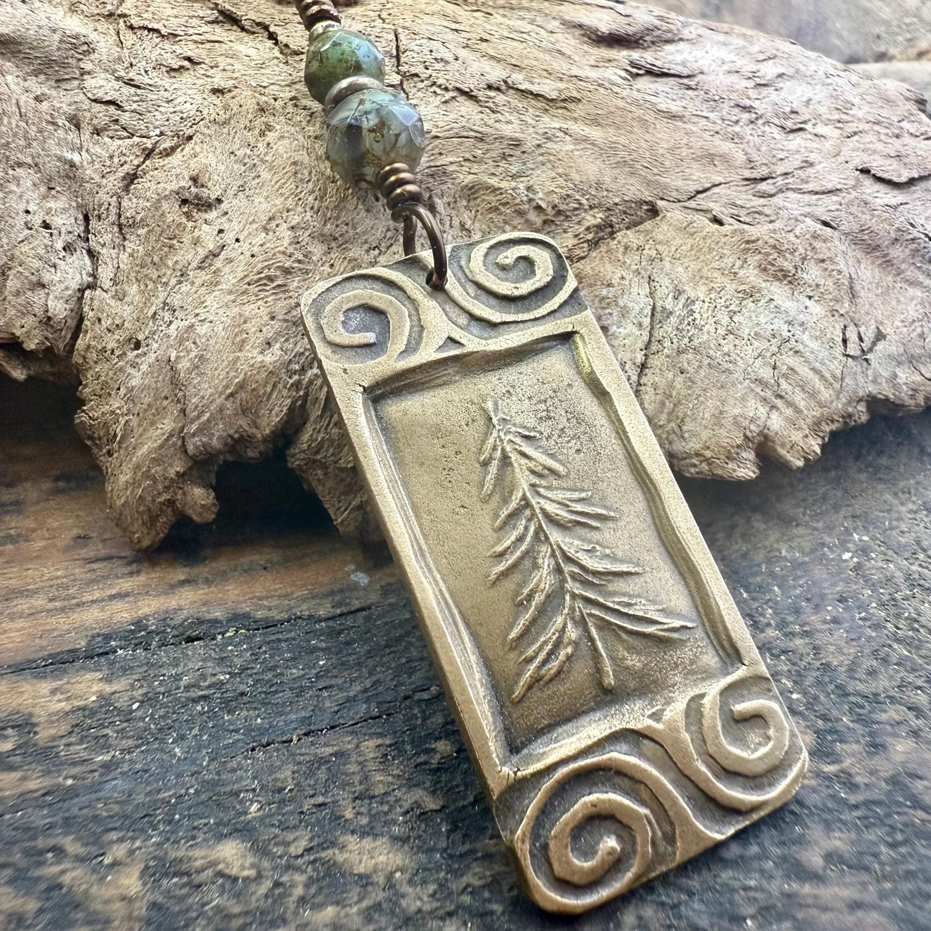 Pine Tree, Bronze Pendant, Celtic Spirals, Czech Glass Beads, Evergreen Trees, Earthy Rustic Art Jewelry, Hand Carved, Tree of Life, Pagan