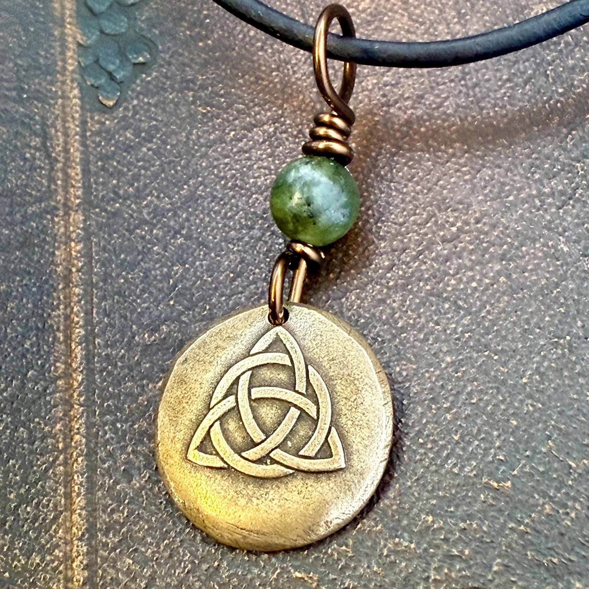 Bronze Trinity Knot, Triquetra, Wax Seal Charm, Connemara Marble, Irish Celtic Jewelry, Pagan, 8th Anniversary, Triple Goddess, Celtic Witch