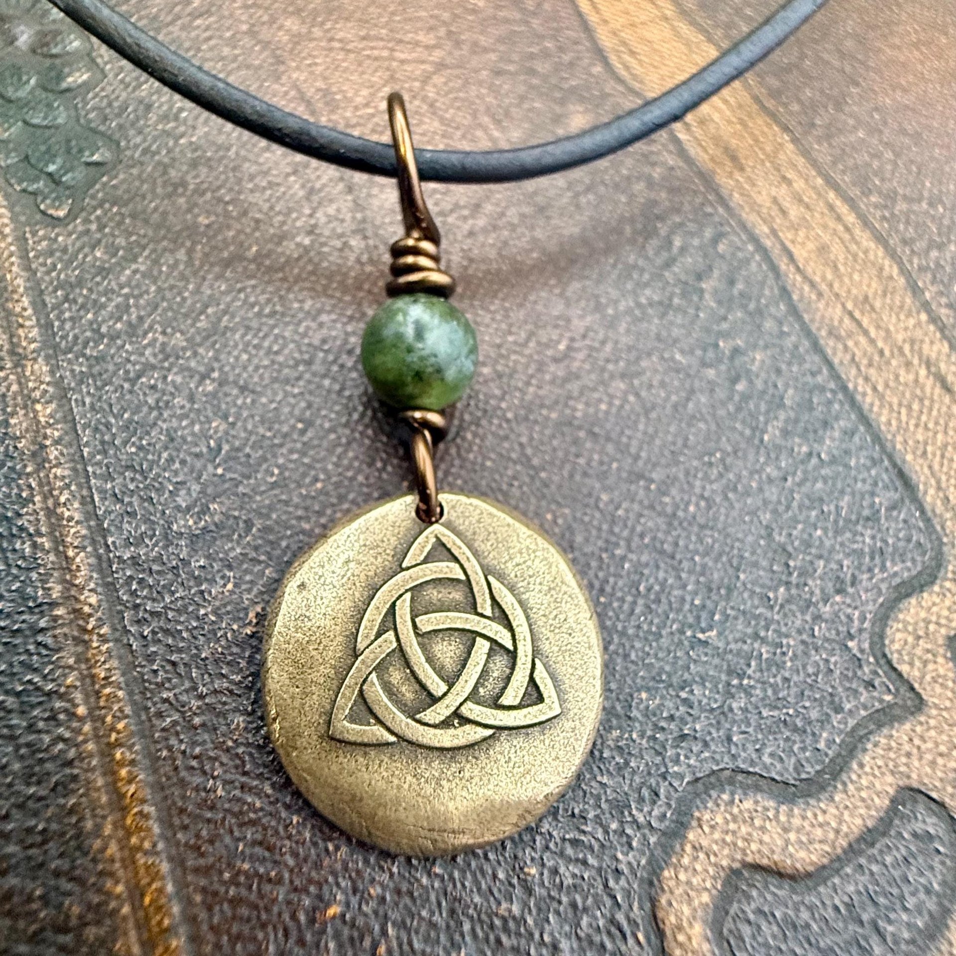 Bronze Trinity Knot, Triquetra, Wax Seal Charm, Connemara Marble, Irish Celtic Jewelry, Pagan, 8th Anniversary, Triple Goddess, Celtic Witch