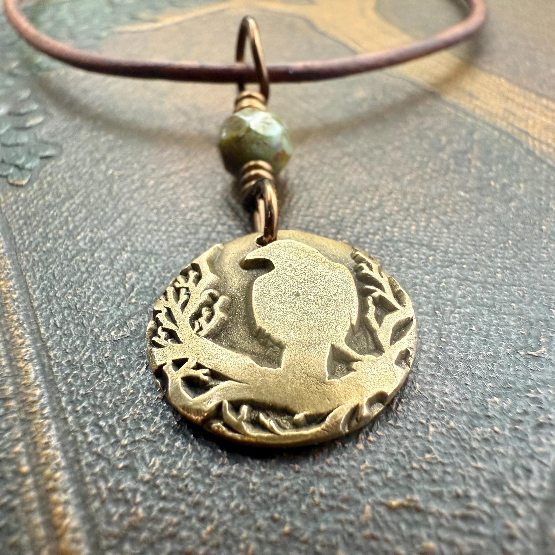 Raven Bronze Pendant, Wax Seal Charm, Czech Glass Bead, Crow Corvid, Tree Branches, Pagan Samhain, Celtic Witch Jewelry, Earthy Rustic Wicca