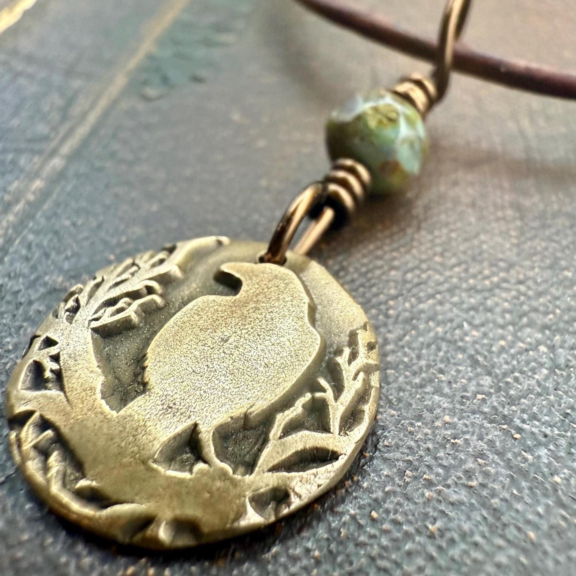 Raven Bronze Pendant, Wax Seal Charm, Czech Glass Bead, Crow Corvid, Tree Branches, Pagan Samhain, Celtic Witch Jewelry, Earthy Rustic Wicca